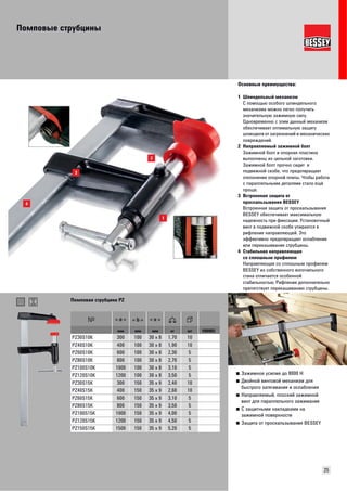 Помповые струбцины 
Основные преимущества: 
1 Шпиндельный механизм 
С помощью особого шпиндельного 
механизма можно легко получить 
значительную зажимную силу. 
Одновременно с этим данный механизм 
обеспечивает оптимальную защиту 
шпинделя от загрязнений и механических 
повреждений. 
2 Направляемый зажимной болт 
Зажимной болт и опорная пластина 
выполнены из цельной заготовки. 
Зажимной болт прочно сидит в 
подвижной скобе, что предотвращает 
отклонение опорной плиты. Чтобы работа 
с параллельными деталями стала ещё 
проще. 
3 Встроенная защита от 
проскальзывания BESSEY 
Встроенная защита от проскальзывания 
BESSEY обеспечивает максимальную 
надежность при фиксации. Установочный 
винт в подвижной скобе упирается в 
рифление направляющей. Это 
эффективно предотвращает ослабление 
или перекашивание струбцины. 
4 Стабильная направляющая 
со сплошным профилем 
Направляющая со сплошным профилем 
BESSEY из собственного волочильного 
стана отличается особенной 
стабильностью. Рифление дополнительно 
препятствует перекашиванию струбцины. 
25 
■ Зажимное усилие до 8000 Н 
■ Двойной винтовой механизм для 
быстрого затягивания и ослабления 
■ Направляемый, плоский зажимной 
винт для параллельного зажимания 
■ С защитными накладками на 
зажимной поверхности 
■ Защита от проскальзывания BESSEY 
Помповая струбцина PZ 
мм мм мм кг шт VB0003 
PZ30S10K 300 100 30 x 8 1,70 10 
PZ40S10K 400 100 30 x 8 1,90 10 
PZ60S10K 600 100 30 x 8 2,30 5 
PZ80S10K 800 100 30 x 8 2,70 5 
PZ100S10K 1000 100 30 x 8 3,10 5 
PZ120S10K 1200 100 30 x 8 3,50 5 
PZ30S15K 300 150 35 x 9 2,40 10 
PZ40S15K 400 150 35 x 9 2,60 10 
PZ60S15K 600 150 35 x 9 3,10 5 
PZ80S15K 800 150 35 x 9 3,50 5 
PZ100S15K 1000 150 35 x 9 4,00 5 
PZ120S15K 1200 150 35 x 9 4,50 5 
PZ150S15K 1500 150 35 x 9 5,20 5 
 