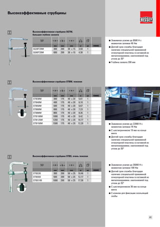Высокоэффективные струбцины 
41 
■ Зажимное усилие до 8500 Н с 
моментом затяжки 40 Нм 
■ Долгий срок службы благодаря 
наличию специальной прижимной 
огнеупорной пластины со вставкой из 
металлокерамики, наклоняемой под 
углом до 35° 
■ Глубина захвата 200 мм 
Высокоэффективная струбцина SGTM, 
большая глубина захвата 
мм мм мм кг шт VB0002 
SG30T20M 300 200 30 x 15 3,50 1 
SG60T20M 600 200 30 x 15 4,30 1 
■ Зажимное усилие до 22000 Н с 
моментом затяжки 70 Нм 
■ С шестигранником 19 мм на конце 
винта 
■ Долгий срок службы благодаря 
наличию специальной прижимной 
огнеупорной пластины со вставкой из 
металлокерамики, наклоняемой под 
углом до 35° 
Высокоэффективная струбцина STBM, тяжелая 
мм мм мм кг шт VB0002 
STB30M 300 175 40 x 20 5,61 1 
STB40M 400 175 40 x 20 6,10 1 
STB50M 500 175 40 x 20 6,67 1 
STB60M 600 175 40 x 20 7,23 1 
STB80M 800 175 40 x 20 8,35 1 
STB100M 1000 175 40 x 20 9,42 1 
STB125M 1250 175 40 x 20 10,77 1 
STB150M 1500 175 40 x 20 12,20 1 
■ Зажимное усилие до 35000 Н с 
моментом затяжки 100 Нм 
■ Долгий срок службы благодаря 
наличию специальной прижимной 
огнеупорной пластины со вставкой из 
металлокерамики, наклоняемой под 
углом до 35° 
■ С шестигранником 36 мм на конце 
винта 
■ С клином для фиксации скользящей 
скобы 
Высокоэффективная струбцина STBS, очень тяжелая 
мм мм мм кг шт VB0002 
STBS30 300 200 50 x 25 10,46 1 
STBS50 500 200 50 x 25 12,17 1 
STBS100 1000 200 50 x 25 17,30 1 
 