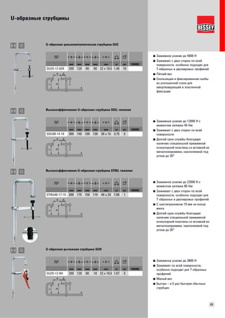 U-образные струбцины 
45 
■ Зажимное усилие до 4000 Н 
■ Зажимает с двух сторон по всей 
поверхности, особенно подходит для 
Т-образных и двутавровых профилей 
■ Лёгкий вес 
■ Скользящая и фиксированная скобы 
из улучшенной стали для 
амортизирующей и эластичной 
фиксации 
U-образная цельнометаллическая струбцина GUZ 
мм мм мм мм мм кг шт VB0002 
GU25-12-6ZK 250 120 60 60 22 x 10,5 1,46 10 
■ Зажимное усилие до 12000 Н с 
моментом затяжки 40 Нм 
■ Зажимает с двух сторон по всей 
поверхности 
■ Долгий срок службы благодаря 
наличию специальной прижимной 
огнеупорной пластины со вставкой из 
металлокерамики, наклоняемой под 
углом до 35° 
Высокоэффективная U-образная струбцина SGU, тяжелая 
мм мм мм мм мм кг шт VB0002 
SGU30-14-10 300 140 100 130 30 x 15 3,75 5 
■ Зажимное усилие до 22000 Н с 
моментом затяжки 80 Нм 
■ Зажимает с двух сторон по всей 
поверхности, особенно подходит для 
Т-образных и двутавровых профилей 
■ С шестигранником 19 мм на конце 
винта 
■ Долгий срок службы благодаря 
наличию специальной прижимной 
огнеупорной пластины со вставкой из 
металлокерамики, наклоняемой под 
углом до 35° 
Высокоэффективная U-образная струбцина STBU, тяжелая 
мм мм мм мм мм кг шт VB0002 
STBU40-17-15 500 175 150 110 40 x 20 7,96 1 
■ Зажимное усилие до 3800 Н 
■ Зажимает по всей поверхности, 
особенно подходит для Т-образных 
профилей 
■ Малый вес 
■ Быстро – в 5 раз быстрее обычных 
струбцин 
U-образная рычажная струбцина GUH 
мм мм мм мм мм кг шт VB0002 
GU25-12-6H 250 120 60 10 22 x 10,5 1,67 5 
 