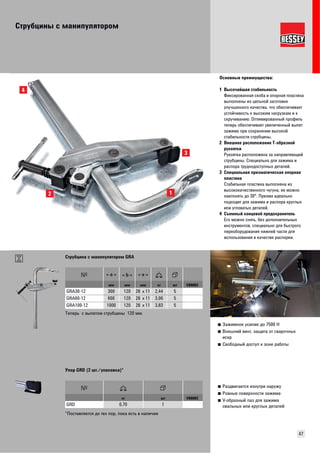 Струбцины с манипулятором 
Основные преимущества: 
1 Высочайшая стабильность 
Фиксированная скоба и опорная пластина 
выполнены из цельной заготовки 
улучшенного качества, что обеспечивает 
устойчивость к высоким нагрузкам и к 
скручиванию. Оптимированный профиль 
теперь обеспечивает увеличенный вылет 
зажима при сохранении высокой 
стабильности струбцины. 
2 Внешнее расположение Т-образной 
рукоятки 
Рукоятка расположена за направляющей 
струбцины. Специально для зажима и 
распора труднодоступных деталей. 
3 Специальная призматическая опорная 
пластина 
Стабильная пластина выполнена из 
высококачественного чугуна, ее можно 
наклонять до 30°. Призма идеально 
подходит для зажима и распора круглых 
или угловатых деталей. 
4 Съемный концевой предохранитель 
Его можно снять, без дополнительных 
инструментов, специально для быстрого 
переоборудования нижней части для 
использования в качестве распорки. 
47 
1 
3 
2 
4 
■ Зажимное усилие до 7500 Н 
■ Внешний винт, защита от сварочных 
искр 
■ Свободный доступ к зоне работы 
Струбцина с манипулятором GRA 
мм мм мм кг шт VB0002 
GRA30-12 300 120 28 x 11 2,44 5 
GRA60-12 600 120 28 x 11 3,06 5 
GRA100-12 1000 120 28 x 11 3,83 5 
Т е перь с вылетом струбцины 120 мм. 
■ Раздвигается изнутри наружу 
■ Ровные поверхности зажима 
■ V-образный паз для зажима 
овальных или круглых деталей 
Упор GRD (2 шт./упаковка)* 
кг шт VB0002 
GRD 0,70 1 
*Поставляется до тех пор, пока есть в наличии 
 