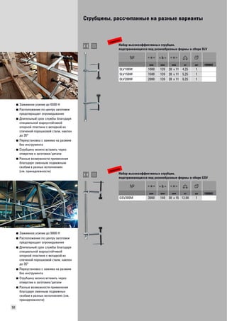 Струбцины, рассчитанные на разные варианты 
50 
■ Зажимное усилие до 6500 Н 
■ Расположение по центру заготовки 
предотвращает опрокидывание 
■ Длительный срок службы благодаря 
специальной жароустойчивой 
опорной пластине с вкладкой из 
спеченой порошковой стали, наклон 
до 35° 
■ Переустановка с зажима на разжим 
без инструмента 
■ Струбцину можно вставить через 
отверстие в заготовке/детали 
■ Разные возможности применения 
благодаря сменным подвижным 
скобам в разных исполнениях 
(см. принадлежности) 
новинка 
Набор высокоэффективных струбцин, 
подстраивающихся под разнообразные формы в сборе SLV 
мм мм мм кг шт VB0002 
SLV100M 1000 120 28 x 11 4,25 1 
SLV150M 1500 120 28 x 11 5,25 1 
SLV200M 2000 120 28 x 11 6,25 1 
■ Зажимное усилие до 9000 Н 
■ Расположение по центру заготовки 
предотвращает опрокидывание 
■ Длительный срок службы благодаря 
специальной жароустойчивой 
опорной пластине с вкладкой из 
спеченой порошковой стали, наклон 
до 35° 
■ Переустановка с зажима на разжим 
без инструмента 
■ Струбцину можно вставить через 
отверстие в заготовке/детали 
■ Разные возможности применения 
благодаря сменным подвижных 
скобам в разных исполнениях (см. 
принадлежности) 
новинка 
Набор высокоэффективных струбцин, 
подстраивающихся под разнообразные формы в сборе GSV 
мм мм мм кг шт VB0002 
GSV300M 3000 140 30 x 15 12,66 1 
 