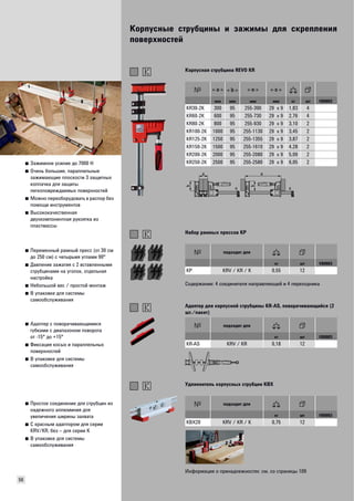 Корпусные струбцины и зажимы для скрепления 
поверхностей 
56 
■ Зажимное усилие до 7000 Н 
■ Очень большие, параллельные 
зажимающие плоскости 3 защитных 
колпачка для защиты 
легкоповреждаемых поверхностей 
■ Можно переоборудовать в распор без 
помощи инструментов 
■ Высококачественная 
двухкомпонентная рукоятка из 
пластмассы 
Корпусная струбцина REVO KR 
мм мм мм мм кг шт VB0003 
KR30-2K 300 95 255-390 29 x 9 1,83 4 
KR60-2K 600 95 255-730 29 x 9 2,76 4 
KR80-2K 800 95 255-930 29 x 9 3,10 2 
KR100-2K 1000 95 255-1130 29 x 9 3,45 2 
KR125-2K 1250 95 255-1355 29 x 9 3,87 2 
KR150-2K 1500 95 255-1610 29 x 9 4,28 2 
KR200-2K 2000 95 255-2080 29 x 9 5,09 2 
KR250-2K 2500 95 255-2580 29 x 9 6,05 2 
■ Переменный рамный пресс (от 30 см 
до 250 см) с четырьмя углами 90° 
■ Давление зажатия с 2 вставленными 
струбцинами на уголок, отдельная 
настройка 
■ Небольшой вес / простой монтаж 
■ В упаковке для системы 
самообслуживания 
Набор рамных прессов KP 
подходит для 
кг шт VB0003 
KP KRV / KR / K 0,55 12 
Содержание: 4 соединителя направляющей и 4 переходника 
■ Адаптер с поворачивающимися 
губками с диапазоном поворота 
от -15° до +15° 
■ Фиксация косых и параллельных 
поверхностей 
■ В упаковке для системы 
самообслуживания 
Адаптер для корпусной струбцины KR-AS, поворачивающийся (2 
шт./пакет) 
подходит для 
кг шт VB0003 
KR-AS KRV / KR 0,18 12 
■ Простое соединение для струбцин из 
надежного аллюминия для 
увеличения ширины захвата 
■ С красным адаптором для серии 
KRV/KR, без – для серии К 
■ В упаковке для системы 
самообслуживания 
Удлиннитель корпусных струбцин KBX 
подходит для 
кг шт VB0003 
KBX20 KRV / KR / K 0,75 12 
Информация о принадлежностях: см. со страницы 109 
 