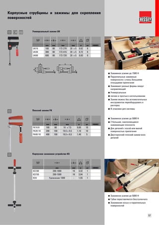 Корпусные струбцины и зажимы для скрепления 
поверхностей 
57 
■ Зажимное усилие до 1500 Н 
■ Параллельные зажимные 
поверхности с очень большими 
площадями прилегания 
■ Зажимают разные формы вокруг 
направляющей 
■ Универсальные 
■ легкие и простые в использовании 
■ Зажим можно без вспомогательных 
инструментов переоборудовать в 
распорку 
■ В упаковке для системы 
Универсальный зажим UK 
мм мм мм мм кг шт VB0003 
UK16 160 80 172-270 20 x 5 0,62 6 
UK30 300 80 172-415 20 x 5 0,72 6 
UK60 600 80 172-720 20 x 5 0,93 6 
■ Зажимное усилие до 5000 Н 
■ 2 большие, наклоняющиеся 
зажимающие плоскости 
■ Для деталей с косой или малой 
поверхностью прилегания 
■ Двусторонний плоский зажим всех 
деталей 
Плоский зажим FK 
мм мм мм кг шт VB0003 
FK16-8 160 80 16 x 7,5 0,60 10 
FK20-10 200 100 19,5 x 9,5 1,10 10 
FK40-10 400 100 19,5 x 9,5 1,40 5 
■ Зажимное усилие до 5000 Н 
■ Губки переставляются бесступенчато 
■ Зажимание косых и параллельных 
поверхностей 
Корпусное зажимное устройство KS 
мм мм кг шт VB0003 
KS100 200-1000 16 3,32 1 
KS150 200-1500 16 3,94 1 
KSV Удлинение 1000 - 1,55 1 
 