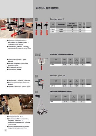 Зажимы для кромок 
74 
■ Практичный вспомогательный 
инструмент для зажима кромок в 
труднодоступных местах 
■ Подходит для обычных струбцин с 
максимальной толщиной шины 13 мм 
Зажим для кромок KT 
Исполнение Для шины 
толщиной не более 
мм кг шт VB0001 
KT5-1CP 1 винт 13 0,35 1 
KT5-2 2 винта 13 0,58 1 
■ C-образная струбцина с тремя 
винтами 
■ Высокая устойчивость благодаря 
кованым скобам 
■ Для дерева и металла 
■ Подходит для сварки 
С-образная струбцина для кромок KT 
мм мм кг шт VB0003 
KT8-3 0-80 80 2,37 5 
■ Двухвинтовая С-образная струбцина 
■ Большое давление для склеивания 
кромок 
■ Скоба из стабильного ковкого чугуна 
Зажим для кромок CKT 
мм мм кг шт VB0003 
CKT7-6 20-70 60 1,57 10 
■ Грузоподъёмность 75 кг 
■ Для безопасной транспортировки, 
например, древесных и 
древесностружечных плит, стекла и 
плексигласа 
■ Хорошо удерживающее резиновое 
покрытие на подвижных губках 
Держатель для переноски плит KFP 
мм кг шт VB0003 
KFP 10-65 1,01 2 
 