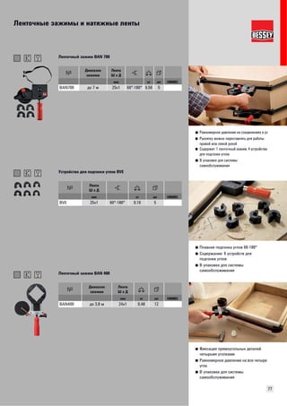 Ленточные зажимы и натяжные ленты 
77 
■ Равномерное давление на соединениях в ус 
■ Рукоятку можно переставлять для работы 
правой или левой рукой 
■ Содержит: 1 ленточный зажим, 4 устройства 
для подгонки углов 
■ B упаковке для системы 
самообслуживания 
Ленточный зажим BAN 700 
Диапазон 
зажима 
Лента 
Ш х Д 
мм кг шт VB0003 
BAN700 до 7 м 25x1 60°-180° 0,56 5 
■ Плавная подгонка углов 60-180° 
■ Содержание: 6 устройств для 
подгонки углов 
■ B упаковке для системы 
самообслуживания 
Устройство для подгонки углов BVE 
Лента 
Ш х Д 
мм кг шт VB0003 
BVE 25x1 60°-180° 0,10 5 
■ Фиксация прямоугольных деталей 
четырьмя уголками 
■ Равномерное давление на все четыре 
угла 
■ B упаковке для системы 
самообслуживания 
Ленточный зажим BAN 400 
Диапазон 
зажима 
Лента 
Ш х Д 
мм кг шт VB0003 
BAN400 до 3,8 м 24x1 0,48 12 
 