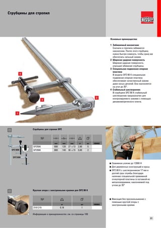 Струбцины для стропил 
Основные преимущества: 
1 Забиваемый наконечник 
Сначала в стропила забивается 
наконечник. После этого струбцину 
нужно быстро сомкнуть, чтобы сразу же 
обеспечить сильный зажим. 
2 Широкая ударная поверхность 
Широкая ударная поверхность 
упрощает вбивание струбцины. 
3 Специальная подвижная опорная 
пластина 
В модели SPZ 80 K специальная 
подвижная опорная пластина 
обеспечивает качественный зажим 
даже косых деталей. Она наклоняется 
на угол до 35°. 
4 Стабильный шестигранник 
В струбцине SPZ 80 K стабильный 
шестигранник предназначен для 
контролируемого зажима с помощью 
динамометрического ключа. 
81 
■ Зажимное усилие до 12000 Н 
■ Для деревянных конструкций и крыш 
■ SPZ 80 K с шестигранником 17 мм и 
долгий срок службы благодаря 
наличию специальной прижимной 
огнеупорной пластины со вставкой из 
металлокерамики, наклоняемой под 
углом до 35° 
Струбцины для стропил SPZ 
SPZ 80K 
SPZ 60K 
мм мм мм кг шт VB0002 
SPZ60K 600 120 27 x 13 2,90 5 
SPZ80K 800 140 30 x 15 5,00 2 
■ Фиксация без проскальзывания с 
помощью круглой опоры с 
заостренными краями 
Круглая опора с заостренными краями для SPZ 80 K 
кг шт VB0003 
3101219 0,18 1 
И н формация о принадлежностях: см. со страницы 109 
 