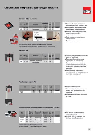 Специальные инструменты для укладки покрытий 
89 
■ Плавная и быстрая регулировка 
расстояния до стены от 5 до 20 мм 
■ Распорка для свободной укладки 
ламината или паркетной доски 
■ Большая контактная площадь для 
защиты поверхностей от 
продавливаний 
■ Легко снимается путем простого 
отворачивания 
■ Малый вес и компактность 
Распорка AV2 (4 шт./пакет) 
Mатериал Перемеще 
ние 
мм мм мм кг шт VB0003 
AV2 20 89 Полиамид 5 - 20 0,23 12 
Все распорки также предлагаются в удобной упаковке. 
Поставка торговым партнерам осуществляется комплектом. 
■ Плавная регулировка расстояния до 
стены от 7 до 35 мм 
■ Торцевая и боковая подпорка 
паркета при его склеивании 
■ Служит для оттягивания за счет 
наклонного положения шпинделя, 
подвижного прижима с защитной 
накладкой 
■ Очень большая поверхность 
прилегания 130 мм защищает канты 
настила от повреждений 
Распорка PVA 
Mатериал Перемеще 
ние 
мм мм мм кг шт VB0003 
PVA 35 130 Цинковое литье под 
давлением 7 - 35 0,48 6 
■ Стабильная конструкция 
■ Идеально подходит для склеивания 
первых трех рядов паркета или 
ламината 
■ Оптимальная настройка расстояния 
до стены 
Струбцина для паркета PVZ 
мм мм кг шт VB0003 
PVZ65 650 130 2,60 5 
■ Для укладки готового паркета, 
ламината и плитки 
■ SVH 400, SVG – B упаковке для 
системы самообслуживания 
Вспомогательное оборудование для зажима и укладки SVH/SVG 
Лента 
Ш х Д 
Ленточный 
материал 
Прочность 
на разрыв 
мм мм Н кг шт VB0003 
SVH400 4000 25x1 Полиэфир 5000 0,75 1 
SVH760 7600 25x1 Полиэфир 5000 0,77 1 
SVG 4000 25x1 Полипропилен 2500 0,69 1 
Дополнительная область применения: 
использование в качестве крепежного ремня 
 