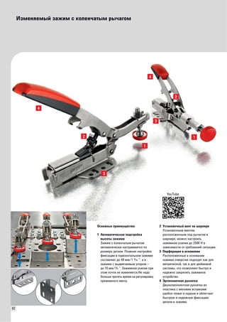 92 
Изменяемый зажим с коленчатым рычагом 
Основные преимущества: 
1 Автоматическая подстройка 
высоты зажима 
Зажим с коленчатым рычагом 
автоматически настраивается по 
размеру детали. Плавная настройка 
фиксации в горизонтальном зажиме 
составляет до 40 мм/1O“, а в 
зажиме с выдвигаемым упором – 
до 16 мм/P “. Зажимное усилие при 
этом почти не изменяется.Не надо 
больше тратить время на регулировку 
прижимного винта. 
YouTube 
2 Установочный винт на шарнире 
Установочным винтом, 
расположенным под рычагом в 
шарнире, можно настроить 
зажимное усилие до 2500 Н в 
зависимости от требований ситуации. 
3 Перфорация в основании 
Расположенные в основании 
зажима отверстия подходят как для 
метрической, так и для дюймовой 
системы, что позволяеет быстро и 
надежно закрепить зажимное 
устройство. 
4 Эргономичная рукоятка 
Двухкомпонентная рукоятка из 
пластика с мягкими вставками 
удобно лежит в ладони и облегчает 
быструю и надежную фиксацию 
детали в зажиме. 
 