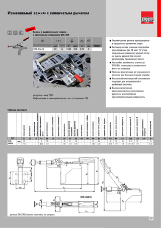 Изменяемый зажим с коленчатым рычагом 
97 
■ Перемещение рычага преобразуется 
в продольное движение упора 
■ Автоматическая плавная подстройка 
хода прижима (до 10 мм/ Z“) при 
сохранении зажимного усилия почти 
на одном уровне без ручной 
регулировки прижимного винта 
■ Настройка зажимного усилия до 
1100 Н с помощью установочного 
винта на шарнире 
■ Прочная конструкция из улучшенного 
металла для большого срока службы 
■ Расположение отверстий в основании 
подходит для метрической и 
дюймовой системы 
■ Высококачественая 
двухкомпонентная пластиковая 
рукоятка, маслостойкая, 
противоскользящая поверхность 
новинка 
Зажим с выдвигаемым упором 
с наклонным основанием STC-IHА 
мм " Н фунт кг шт VB0003 
STC-IHA15 10 Z 1100 250 0,23 6 
доступно с мая 2013 
Информация о принадлежностях: см. со страницы 109 
L 4 
H 1 
H 5 
L 5 
L 1 
L 5 
H 2 
B 1 
B 3 
B 4 
L 8 
Lo 3 
Lo 2 Lo 1 
L 6 
STC-IHA15 
Таблица размеров 
полная длина 
длина плеча 
ход механизма 
изменения шага шпинделя 
диаметр прижимного 
диска 
длина основания 
длина плиты основания 1 
длина плиты основания 2 
длина рукоятки 
высота рукоятки 
опущенной 
высота рукоятки 
поднятой 
высота плеча 
высота шпинделя в сборе 
высота основания 
ширина плеча, снаружи 
ширина плеча, внутри 
ширина рукоятки 
ширина плиты основания 
длина шага отверстий 1 
длина шага отверстий 2 
длина шага отверстий 3 
ширина удлиненного 
отверстия 
диаметр отверстия 
L1 L2 L3 L4 L5 L6 L7 L8 H1 H2 H3 H4 H5 B1 B2 B3 B4 Lo1 Lo2 Lo3 Lo4 Ø 
STC-IHA15 
мм 181 – – 16 105 – – 46 81 149 – – 63 8,5 – 20 45 26 20-26 26 – 5,6 
" 7.13 – – 0.63 4.13 – – 1.81 3.19 5.87 – – 2.48 0.33 – 0.79 1.77 1.00 0.79-1.00 1.10 – 0.22 
данные 3D-CAD можно получить по запросу 
 