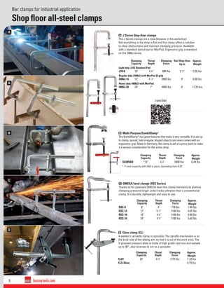 5 besseytools.com
B
A
A
C
D
Bar clamps for industrial application
Shop ﬂoor all-steel clamps
J-series Video
C OMEGA bend clamps (RSC Series)
Thanks to the patented OMEGA bend this clamp maintains its positive
clamping pressure longer under heavy vibration than a conventional
clamp. It is durable, lightweight and easy to use.
D Claw clamp (CL)
A welder’s versatile clamp or spreader. The spindle mechanism is on
the back side of the sliding arm so that it is out of the work area. The
V-grooved pressure plate is made of high grade cast iron and swivels
up to 30°. Jaw reverses to act as a spreader.
A J Series Step-Over clamps
The J Series clamps are a total lifesaver in the workshop!
Not everything in the shop is ﬂat and this clamp offers a solution
to clear obstructions and maintain clamping pressure. Available
with a standard swivel pad or MorPad. Ergonomic grip is standard
on the 2400J series.
Clamping
Capacity
Throat
Depth
Clamping
Force
Approx.
Weight
RSC-8 8" 4" 770 lbs 1.90 lbs
RSC-12 12" 5 1
⁄2" 1100 lbs 4.05 lbs
RSC-18 18" 4 3
⁄4" 1100 lbs 4.90 lbs
RSC-24 24" 4 3
⁄4" 1100 lbs 5.40 lbs
B Multi-Purpose KombiKlamp™
The KombiKlamp™
has great features that make it very versatile. It is set up
to clamp, spread, hold irregular shaped objects and even comes with an
ergonomic grip. Made in Germany, the clamp is set at a price point to make
it a serious consideration for the active shop.
Clamping
Capacity
Throat
Depth
Clamping
Force
Approx.
Weight
CL24 24" 4 3
⁄4" 1775 lbs 7.10 lbs
CLS-Shoe 0.75 lbs
Clamping
Capacity
Throat
Depth
Clamping
Force
Approx.
Weight
SG30VAD *12" 4 3
⁄4" 2600 lbs 6.44 lbs
* 11 inch capacity with VAD in place. Spreading from 9-20".
Clamping
Capacity
Throat
Depth
Clamping
Force
Rail Step-Over
Up to
Approx.
Weight
Light duty (J18) Standard Pad
J18-8 10" 4 3
⁄4" 880 lbs 2 1
⁄4" 3.20 lbs
Regular duty (2400J) with MorPad & grip
2400J-12 12" 5 1
⁄2" 2660 lbs 4" 8.00 lbs
Heavy duty (4800J) with MorPad
4800J-20 20" 7" 4880 lbs 6" 17.35 lbs
 