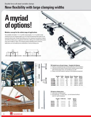 9 besseytools.com
SLV GSV
GSV
1
2
2
3
3
4
New ﬂexibility with large clamping widths
Double force all-steel variable clamps
Modular concept for the widest range of applications
Two available rail models: 1 1
⁄16" x 1
⁄2" proﬁle in three lengths; 1 3
⁄16" x 5
⁄8" proﬁle for high
clamping forces and clamping widths up to 118". Rail end fastenings (both sides) can be
loosened without tools. Change ﬁtted sliding arms from clamping to spreading or replace
with different sliding arms or supplement with others. Sliding arms available with wooden
grips, lever handles or T-Bars. This clamping system’s ﬂexibility means numerous
applications can be handled by the combinations of rails and sliding arms.
Amyriad
ofoptions!
B Rails for Sliding Arms
n Cold drawn and galvanised
n End fastenings – on both ends – can be loosened without
tools for rapid changeover
Suitable
for
Proﬁle Size Length Approx.
Weight
3101731 SLV 1 1
⁄16" x 1
⁄2" 47" 6.28 lbs
3101732 SLV 1 1
⁄16" x 1
⁄2" 67" 8.92 lbs
3101733 SLV 1 1
⁄16" x 1
⁄2" 87" 11.57 lbs
3101612 GSV 1 3
⁄16" x 5
⁄8" 130" 23.00 lbs
A Double force all-steel clamps – Complete Set Options
n Tipping is prevented through central positioning on the workpiece
n Long service life thanks to special heat resistant pressure plate
with sintered steel insert, can be tilted by up to 35°
n Clamp can be fed through an opening in the workpiece/component
Suitable
for
Proﬁle
Size
Clamping
Capacity
Throat
Depth
Clamping
Force
Approx.
Weight
SLV40M SLV 1 1
⁄16" x 1
⁄2" 16" 4 3
⁄4" 1,450 lbs 6.85 lbs
SLV100M SLV 1 1
⁄16" x 1
⁄2" 39 1
⁄2" 4 3
⁄4" 1,450 lbs 9.50 lbs
SLV150M SLV 1 1
⁄16" x 1
⁄2" 60" 4 3
⁄4" 1,450 lbs 11.50 lbs
SLV200M SLV 1 1
⁄16" x 1
⁄2" 79" 4 3
⁄4" 1,450 lbs 13.00 lbs
GSV300M GSV 1 3
⁄16" x 5
⁄8" 118" 5 1
⁄2" 2,000 lbs 28.13 lbs
 