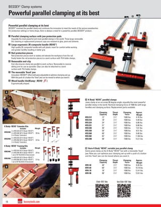 15 besseytools.com
A
B
JRJR
1
1
1
2 2
3
3
4
5
Powerful parallel clamping at its best
BESSEY®
Clamp systems
Powerful parallel clamping at its best
BESSEY®
invented the parallel clamp and continues the innovation to meet the needs of the serious woodworker.
For production settings or home shops, there is always a need for a powerful, parallel, BESSEY®
product.
KBody®
REVO™
Video VarioKBody®
REVO™
Video
A K Body®
REVO™
, parallel clamps
Jaws clamp at an accurate 90 degree angle; arguably the most powerful
parallel clamp in the world. Nominal clamping force of 1500 lbs with large
handles and clamping surface. Replacement parts available.
B Vario K Body®
REVO™
, variable jaw parallel clamp
Same great clamp as the K Body®
REVO™
but with a moveable ‘ﬁxed’
jaw. Now you can optimize your clamping set-up with a push of a button
and the ‘ﬁxed’ jaw can be moved where you want it.
1 Parallel clamping surface with jaw protection pads
Arguably the most powerful and most parallel clamps in the world. Three large removable
(for cleaning or replacement) pressure caps are resistant to glue, paint and solvents.
2 Large ergonomic 2K composite handle (REVO™
)
High quality 2K composite handle with soft plastic insert for comfort while working
and greater tactility resulting in better grip.
3 Rail protection pieces
Rail protection pieces work to isolate and elevate the workpiece from the rail.
Easily fasten the rail protection pieces to a work surface with TK-6 table clamps.
4 Removable end-clip
End-clip ensures clamp sits parallel to work surface. Removable to reverse
sliding arm for use as spreader. Clips can also be attached to a work
surface with TK-6 table clamps.
5 The moveable ‘ﬁxed’ jaw
Innovation:BESSEY®
offersbothjawsadjustabletooptimizeclampingset-up.
With the push of a button the ‘ﬁxed’ jaw can be moved to where you want it.
6 Wood handle (UniKlamp®
, REVO™
)
Ergonomically shaped.
Clamping
Capacity
Throat
Depth
Clamping
Force
Approx.
Weight
KR3.512 12" 3 3
⁄4" 1500 lbs 4.76 lbs
KR3.518 18" 3 3
⁄4" 1500 lbs 5.40 lbs
KR3.524 24" 3 3
⁄4" 1500 lbs 6.06 lbs
KR3.531 31" 3 3
⁄4" 1500 lbs 6.86 lbs
KR3.540 40" 3 3
⁄4" 1500 lbs 7.61 lbs
KR3.550 50" 3 3
⁄4" 1500 lbs 8.51 lbs
KR3.560 60" 3 3
⁄4" 1500 lbs 9.46 lbs
KR3.582 82" 3 3
⁄4" 1500 lbs 11.66 lbs
KR3.598 98" 3 3
⁄4" 1500 lbs 13.21 lbs
Clamping
Capacity
Throat
Depth
Clamping
Force
Approx.
Weight
KRV-40 40" 3 3
⁄4" 1500 lbs 8.26 lbs
KRV-60 60" 3 3
⁄4" 1500 lbs 10.16 lbs
KRV-78 78" 3 3
⁄4" 1500 lbs 12.41 lbs
KRV-98 98" 3 3
⁄4" 1500 lbs 13.91 lbs
K Body® REVO™
Extender Kits
Includes Weight
KRX2440
2 x KR3.524 (24" K Body® REVO™
)
2 x KR3.540 (40" K Body® REVO™
)
2 x K Body® Extenders
30 lbs
KRX2450
2 x KR3.524 (24" K Body® REVO™
)
2 x KR3.550 (50" K Body® REVO™
)
2 x K Body® Extenders
32 lbs
K Body® REVO™
Framing Kits
Includes Weight
KRK2440
2 x KR3.524 (24" K Body® REVO™
)
2 x KR3.540 (40" K Body® REVO™
)
1 set of KP BLOCKS (4 blocks/set)
29 lbs
KRK2450
2 x KR3.524 (24" K Body® REVO™
)
2 x KR3.550 (50" K Body® REVO™
)
1 set of KP BLOCKS (4 blocks/set)
31 lbs
 