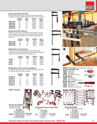 181.800.828.1004
C
D
E
H
I
G
We welcome your feedback, and are happy to assist you with your questions. Please call us toll free:
Kit includes:
BTB30A
4 x TGJ2.506+2K (6")
6 x TGJ2.512+2K (12")
4 x TGJ2.518+2K (18")
8 x TGJ2.524+2K (24")
4 x TGJ2.530+2K (30")
4 x TGJ2.536+2K (36")
1 x A Frame display
Approx. Weight
82.00 lbs.
C Heavy duty (TGK) with 2K handle
More clamp force than most of us will ever need. High-end quality
throughout. The 2K composite handle with comfort insert is standard.
D Deep reach (CDS) with ﬂat rail
Need some extra reach? The CDS offers a throat depth of up to 20"
when you need that extra deep reach. The large ﬂat rail is serrated
to prevent slipping. Comes with: Flat rail proﬁle, standard pad, and
plastic cap.
F Malleable cast (TG) with T-Bar and proﬁled rail
Top selling TG Series products with T-Bar handle with rounded ends
for simple transfer of force when clamping.
E Malleable cast (TC) with ﬂat rail
Flat rails are an economical alternative - German quality at an
appealing price for industrial application. Comes with: Ergonomically
shaped wood handle, standard pad, and plastic cap.
BESSEY®
service parts for the clamps listed on these pages.
G Plastic replacement caps
3101392 TGJ2.5 (10/set)
3101394 TG4.0 (10/set)
3101395 TG4.5 (10/set)
3101396 TGK, TG5.5, TG7.0 (10/set)
H Standard pad
3101180 TGJ2.5 (4 pc)
3101183 TG4.0, TG4.5 (4 pc)
3101188 TG5.5, TG7.0, TGK4.5, CDS (4 pc)
I 2K Handle with pad
3101179 TGJ (1 pc)
3101182 TG4, RSC, 660 (1 pc)
3101186 TG4.5 (1 pc)
3101187 TG5.5, TG7, TGK, 1200, SGL (1 pc)
Clamping
Capacity
Throat
Depth
Clamping
Force
Approx.
Weight
TGK4.516+2K 16" 4 1
⁄2" 1540 lbs 5.80 lbs
TGK4.524+2K 24" 4 1
⁄2" 1540 lbs 6.75 lbs
TGK4.540+2K 40" 4 1
⁄2" 1540 lbs 9.05 lbs
TGK4.550+2K 50" 4 1
⁄2" 1540 lbs 10.65 lbs
TGK4.579+2K 79" 4 1
⁄2" 1540 lbs 14.65 lbs
Clamping
Capacity
Throat
Depth
Clamping
Force
Approx.
Weight
CDS24-10 WP 24" 10" 1550 lbs 11.05 lbs
CDS24-12 WP 24" 12" 1550 lbs 13.90 lbs
CDS24-20 WP 24" 20" 990 lbs 20.15 lbs
Clamping
Capacity
Throat
Depth
Clamping
Force
Approx.
Weight
TG3.006+TB 6" 3" 700 lbs 1.75 lbs
TG4.008+TB 8" 4" 880 lbs 2.50 lbs
TG4.510+TB 10" 4 1
⁄2" 1000 lbs 3.00 lbs
TG5.512+TB 12" 5 1
⁄2" 1320 lbs 5.00 lbs
TG4.516+TB 16" 4 1
⁄2" 1000 lbs 4.05 lbs
TG4.524+TB 24" 4 1
⁄2" 1000 lbs 4.80 lbs
Clamping
Capacity
Throat
Depth
Clamping
Force
Approx.
Weight
TC4.008 8" 4" 800 lbs 2.85 lbs
TC4.512 12" 4 1
⁄2" 950 lbs 3.36 lbs
TC5.512 12" 5 1
⁄2" 1200 lbs 4.85 lbs
TC7.016 16" 7" 1200 lbs 5.95 lbs
K General multi-purpose clamp kit BGP
10 piece
L Small TG kit BTB30
30 piece malleable cast clamps
J Small TG kit BTB30A
30 piece (with display)
malleable cast clamps
Kit includes:
BGP
2 x TGJ2.506 (6")
2 x TG4.008 (8")
2 x LM2.004 (4")
2 x PC34 (3
⁄4")
2 x XM5 (2")
Approx. Weight
17.00 lbs.
Kit includes:
BTB30
4 x TGJ2.506 (6")
6 x TGJ2.512 (12")
4 x TGJ2.518 (18")
8 x TGJ2.524 (24")
4 x TGJ2.530 (30")
4 x TGJ2.536 (36")
Approx. Weight
72.00 lbs.
BESSEY®
Clamp Sets
 
