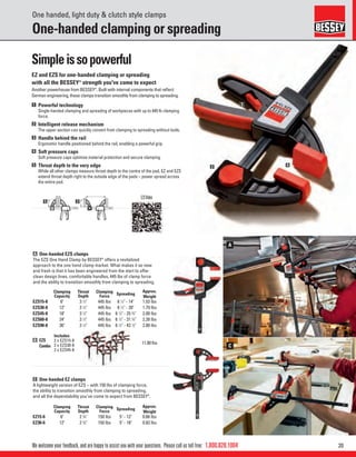 201.800.828.1004
C
A
2
3
4
5 2
We welcome your feedback, and are happy to assist you with your questions. Please call us toll free:
One handed, light duty & clutch style clamps
One-handed clamping or spreading
EZ and EZS for one-handed clamping or spreading
with all the BESSEY®
strength you've come to expect
Another powerhouse from BESSEY®
. Built with internal components that reﬂect
German engineering, these clamps transition smoothly from clamping to spreading.
1 Powerful technology
Single-handed clamping and spreading of workpieces with up to 445 lb clamping
force.
2 Intelligent release mechanism
The upper section can quickly convert from clamping to spreading without tools.
3 Handle behind the rail
Ergonomic handle positioned behind the rail, enabling a powerful grip.
4 Soft pressure caps
Soft pressure caps optimize material protection and secure clamping.
5 Throat depth to the very edge
While all other clamps measure throat depth to the centre of the pad, EZ and EZS
extend throat depth right to the outside edge of the pads – power spread across
the entire pad.
Simpleissopowerful
C One-handed EZ clamps
A lightweight version of EZS – with 150 lbs of clamping force,
the ability to transition smoothly from clamping to spreading,
and all the dependability you've come to expect from BESSEY®
.
A One-handed EZS clamps
The EZS One Hand Clamp by BESSEY®
offers a revitalized
approach to the one hand clamp market. What makes it so new
and fresh is that it has been engineered from the start to offer
clean design lines, comfortable handles, 445 lbs of clamp force
and the ability to transition smoothly from clamping to spreading.
EZSVideo
Clamping
Capacity
Throat
Depth
Clamping
Force
Spreading
Approx.
Weight
EZS15-8 6" 3 1
⁄2" 445 lbs 6 1
⁄2" - 14" 1.53 lbs
EZS30-8 12" 3 1
⁄2" 445 lbs 6 1
⁄2" - 20" 1.79 lbs
EZS45-8 18" 3 1
⁄2" 445 lbs 6 1
⁄2" - 25 3
⁄4" 2.00 lbs
EZS60-8 24" 3 1
⁄2" 445 lbs 6 1
⁄2" - 31 3
⁄4" 2.28 lbs
EZS90-8 36" 3 1
⁄2" 445 lbs 6 1
⁄2" - 43 1
⁄2" 2.80 lbs
B EZS
Combo
Includes
2 x EZS15-8
2 x EZS30-8
2 x EZS45-8
11.00 lbs
Clamping
Capacity
Throat
Depth
Clamping
Force
Spreading
Approx.
Weight
EZ15-6 6" 2 3
⁄8" 150 lbs 5" - 12" 0.66 lbs
EZ30-6 12" 2 3
⁄8" 150 lbs 5" - 18" 0.83 lbs
 