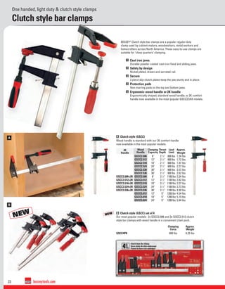 23 besseytools.com
A
B
NEW
NOUVEAU
NEW
NOUVEAU
A
Clutch style bar clamps
One handed, light duty & clutch style clamps
NEW NEW
A Clutch style (GSCC)
Wood handle is standard with our 2K comfort handle
now available in the most popular models.
B Clutch style (GSCC) set of 4
Our most popular models: 2x GSCC2.506 and 2x GSCC2.512 clutch
style bar clamps with wood handle in a convenient clam pack.
Clamping
Force
Approx.
Weight
GSCC4PK 600 lbs 6.25 lbs
2K
Handle
Wood
Handle
Clamping
Capacity
Throat
Depth
Load
Limit
Approx.
Weight
GSCC2.506 6" 2 1
⁄2" 600 lbs 1.34 lbs
GSCC2.512 12" 2 1
⁄2" 600 lbs 1.72 lbs
GSCC2.518 18" 2 1
⁄2" 600 lbs 1.97 lbs
GSCC2.524 24" 2 1
⁄2" 600 lbs 2.27 lbs
GSCC2.530 30" 2 1
⁄2" 600 lbs 2.57 lbs
GSCC2.536 36" 2 1
⁄2" 600 lbs 2.82 lbs
GSCC3.506+2K GSCC3.506 6" 3 1
⁄2" 1100 lbs 2.34 lbs
GSCC3.512+2K GSCC3.512 12" 3 1
⁄2" 1100 lbs 2.82 lbs
GSCC3.518+2K GSCC3.518 18" 3 1
⁄2" 1100 lbs 3.37 lbs
GSCC3.524+2K GSCC3.524 24" 3 1
⁄2" 1100 lbs 3.73 lbs
GSCC3.536+2K GSCC3.536 36" 3 1
⁄2" 1100 lbs 4.50 lbs
GSCC5.012 12" 5" 1200 lbs 4.54 lbs
GSCC5.018 18" 5" 1200 lbs 5.19 lbs
GSCC5.024 24" 5" 1200 lbs 5.94 lbs
BESSEY®
Clutch style bar clamps are a popular regular-duty
clamp used by cabinet makers, woodworkers, metal workers and
homecrafters across North America. These easy-to-use clamps are
suitable for "close quarters" clamping.
1 Cast iron jaws
Durable powder coated cast-iron ﬁxed and sliding jaws.
2 Safety by design
Nickel plated, drawn and serrated rail.
3 Secure
2 piece slip-clutch plates keep the jaw sturdy and in place.
4 Protective pads
Non-marring pads on the top and bottom jaws.
5 Ergonomic wood handle or 2K handle
Ergonomically shaped, standard wood handle, or 2K comfort
handle now available in the most popular GSCC3.5XX models.
 