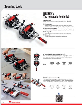 29 besseytools.com
A
B
1
1
2
2
3
4
4
4
Seaming tools
A Extra large solid surface seaming tool (PS)
Twin vacuum cups for clamping non-porous, solid surface material
such as granite, marble, corian, plastic or glass. The 2K composite
handle with comfort insert comes standard.
B Solid surface seaming tool (PS)
Twin vacuum cups for clamping non-porous, solid surface material
such as granite, marble, corian, plastic or glass. The levelling toggles
ensure smooth surface joint, reduces grinding, sanding and ﬁnishing.
Clamping
Capacity
Cup
Diameter
Clamping
Force
Approx.
Weight
PS130 3 1
⁄8" 8 1
⁄4" 265 lbs 10.15 lbs
Clamping
Capacity
Cup
Diameter
Clamping
Force
Approx.
Weight
PS55 2 1
⁄8" 4 3
⁄4" 48 lbs 3.80 lbs
Seaming tools
Get the perfect seam can using the right tools for the job – BESSEY®
.
1 Vacuum cups
Twin vacuum cups secure the PS units to any smooth, non-porous
material or solid surface such as granite, marble, corian, plastic or glass.
2 Vacuum operating button
Activates and locks the vacuum seal on the work surface, (PS130 only).
3 Steel spindle
Smoothly draws the seams together with just the right pressure.
4 Guide rails
Create a solid, rigid frame for supporting vacuum cups.
BESSEY
®
:
Therighttoolsforthejob
 