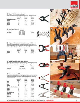 321.800.828.1004
A
B
C
D
E
We welcome your feedback, and are happy to assist you with your questions. Please call us toll free:
C Clippix®
ratcheting spring clamps, deep reach (XCRU)
Built with a heavy duty resin construction and has a deep reach for
those hard to reach places. Features a ratcheting mechanism for quick
action and a quick release. Pivoting jaws for a snug ﬁt.
D Clippix®
ratcheting spring clamp set (XCR)
Built with a heavy duty resin construction and a ratcheting mechanism
for quick action, quick release. Pivoting jaws for a snug ﬁt.
E Steel spring clamps (XM)
Made with vinyl tips to prevent marring and vinyl handles for a non-slip
grip. Features a heavy duty spring for a tight ﬁt and nickel plating to
prevent corrosion.
A Clippix®
(XC) plastic spring clamps
A light duty plastic spring clamp that is perfect for the home or shop.
Clamping
Capacity
Throat
Depth
Approx.
Weight
Econo spring clamp
XC1-2 3
⁄4" 3
⁄4" 0.04 lbs
XC2-2 1" 1 1
⁄8" 0.11 lbs
XC5-2 2" 1 1
⁄2" 0.22 lbs
XC7-2 3" 2 3
⁄4" 0.31 lbs
B Plastic spring clamp set
XC-14PC
Includes:
2 x 3" clamps
2 x 2" clamps
4 x 1" clamps
6 x 3
⁄4" clamps
2.06 lbs
Clamping
Capacity
Throat
Depth
Approx.
Weight
XCRU3 2" 2" 0.53 lbs
XCRU5 4" 4" 0.74 lbs
Includes
Approx.
Weight
XCR-4PC 4 x 2" clamps 2.10 lbs
Clamping
Capacity
Throat
Depth
Approx.
Weight
XM3 1" 1 1
⁄4" 0.16 lbs
XM5 2" 2 1
⁄4" 0.36 lbs
XM7 3" 3 5
⁄16" 0.80 lbs
XM10 4" 5" 1.15 lbs
Black with pads and tip
XM3-B 1" 1 1
⁄4" 0.16 lbs
XM5-B 2" 2 1
⁄4" 0.36 lbs
XM7-B 3" 3 5
⁄16" 0.80 lbs
No pads, no tips
XM3-NPT 1" 1 1
⁄4" 0.13 lbs
XM5-NPT 2" 2 1
⁄4" 0.32 lbs
XM7-NPT 3" 3 5
⁄16" 0.70 lbs
 