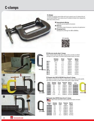 33 besseytools.com
A
B
C
C-clamps
CDF C-clamp Video
1 International offering
A globally sourced platform of products
2 Choices
Tremendous range of pressures, capacities and applications
3 Clamping force
Clamping force offerings from 400 to 40 000 lbs
C-clamps
C-clamps are used for many trades and if you’re going to use a C-clamps why not
use the best! BESSEY®
has a wide array of C-clamps to choose from, ranging from
light duty to heavy service.
A 540 series ductile alloy C-clamps
Made of high tensile ductile alloy casting which provides excellent
strength in a cast clamp. The black oxide spindle resists corrosion.
B Regular duty (CDF & CDFCHV) deep throat C-clamps
Two types to choose from. Either in a black frame with a black oxide spindle
that resist corrosion, or with a HiVis frame with a copper spindle.
C Regular duty (CDFUS) deep throat C-clamps
Black frame with black oxide spindle that resist corrosion.
Black
Frame
Clamping
Capacity
Throat
Depth
Clamping
Force
Approx.
Weight
HiVis
CDF402 0-2" 2 1
/8" 3,500 lbs 1.40 lbs CDF402CHV
CDF403 0-3" 2 3
/8" 3,500 lbs 1.90 lbs CDF403CHV
CDF404 0-4" 3 1
/4" 6,200 lbs 3.50 lbs CDF404CHV
CDF406 0-6" 4 1
/8" 6,900 lbs 5.40 lbs CDF406CHV
CDF408 0-8" 5" 6,900 lbs 7.90 lbs CDF408CHV
CDF410 0-10" 6" 8,000 lbs 11.60 lbs CDF410CHV
CDF412 0-12" 6 1
/4" 9,300 lbs 14.10 lbs CDF412CHV
Made in
USA
Clamping
Capacity
Throat
Depth
Clamping
Force
Approx.
Weight
CDF402US 0-2" 2 1
/8" 3,500 lbs 1.40 lbs
CDF403US 0-3" 2 3
/8" 3,500 lbs 1.90 lbs
CDF404US 0-4" 3 1
/4" 6,200 lbs 3.50 lbs
CDF406US 0-6" 4 1
/2" 6,900 lbs 5.40 lbs
CDF408US 0-8" 5" 6,900 lbs 7.90 lbs
CDF410US 0-10" 6" 8,000 lbs 11.60 lbs
CDF412US 0-12" 6 1
/4" 9,300 lbs 14.10 lbs
Clamping
Capacity
Throat
Depth
Clamping
Force
Approx.
Weight
540-2 1
⁄2 0-2 1
/2" 1 3
/4" 1100 lbs 1.20 lbs
540-3 0-3" 1 7
/8" 1800 lbs 1.60 lbs
540-4 0-4" 2 1
/16" 2150 lbs 2.23 lbs
540-5 0-5" 2 1
/2" 2250 lbs 2.69 lbs
540-6 0-6" 2 3
/4" 2450 lbs 3.20 lbs
540-8 0-8" 3 1
/4" 2750 lbs 4.74 lbs
540-10 0-10" 3 5
/8" 2850 lbs 7.56 lbs
540-12 0-12" 3 5
/8" 2850 lbs 8.18 lbs
540-14 0-14" 3 3
/4" 2850 lbs 8.93 lbs
 