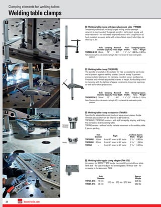 39 besseytools.com
D
C
E
F
TW16VAD/
TW28VAD
TWVAD
Welding table clamps
Clamping elements for welding tables
C Welding table clamp with special pressure plate (TWM28)
Tempered proﬁled rail and drop forged sliding arm for strength
where it is most needed. Tempered spindle – particularly sturdy and
wear-resistant – for noticeably improved service life. Long life due to
heat-resistant pressure plate with sintered steel insert, which can be
tilted up to 35°.
Hole
Diameter
Clamping
Capacity
Nominal
Throat Depth
Rail
Proﬁle
Clamping
Force
Approx.
Weight
TWM28-30-12 28mm 12" 4 3
⁄4" 1 1
⁄8" - 7
⁄16" 1400 lbs 3.92 lbs
Note:Clampingforcecalculatedataheightof2-3Inonasolidall-steelweldingtable
platform
D Welding table clamp (TW28GRS)
The spindle is located on the outside for free access to the work area
and to protect against welding spatter. Special, sturdy V-grooved
pressure plate, ideal even for clamping round or square workpieces.
Pivotable and inﬁnitely adjustable in terms of height. Particularly suited
to clamping with the tightest of space constraints, in narrow openings
as well as for short projections.
Hole
Diameter
Clamping
Capacity
Nominal
Throat Depth
Rail
Proﬁle
Clamping
Force
Approx.
Weight
TW28GRS30-12 28mm 12" 4 3
⁄4" 1 1
⁄8" - 7
⁄16" 1100 lbs 5.13 lbs
Note:Clampingforcecalculatedataheightof2-3Inonasolidall-steelweldingtable
platform
E Welding table clamp accessories (TWVAD)
Speciﬁcally adapted to round, oval and square workpieces. Angle
inﬁnitely adjustable from 60° internal to 60° external.
TW16VAD / TW28VAD version – with bolt for rapidly aligning and ﬁxing
the workpiece to the welding table.
TWVAD version – without bolt for variable movement on the welding table.
2 pieces per bag.
Hole
Diameter
Angle
Jaw Face
Width
Approx.
Weight
TW16VAD 16 mm from 60° inner to 60° outer 1 13
⁄16" 0.82 lbs
TW28VAD 28 mm from 60° inner to 60° outer 1 13
⁄16" 1.24 lbs
TWVAD – from 60° inner to 60° outer 1 13
⁄16" 0.62 lbs
Hole
Diameter
Approx.
Weight
TW16A-STC 16 mm
STC-VH / STC-HH / STC-IHH
0.39 lbs
TW28A-STC 28 mm 0.62 lbs
F Welding table toggle clamp adapter (TW-STC)
Accessory for BESSEY®
STC toggle clamp with horizontal base plate.
With bolt – for use directly on the welding table. Without bolt – for
screwing to the extension TWX.
 
