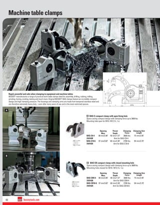 43 besseytools.com
A
B
BAS-U - [81]
BAS-C - [78]
BAS-CB - [78
BAS-U - [81]
BAS-C - [78]
BAS-CB - [78
BAS-U - [47] 1.85
BAS-C - [67] 2.64
BAS-CB - [67] 2.64
BAS-U9-4 - [90] 3.54
BAS-U10-6 - [100] 3.94
BAS-C9-4
BAS-C - [100] 3.94
BAS-CB - [100] 3.94
BAS-U - [90] 3.54
BAS-C - [100] 3.94
BAS-CB - [100] 3.94
A
A1
B [95 x 35]
3.74 x 1.40
B1
R
H
[18 x 23]
0.71 x 0.91
[4.5]
0.18
Machine table clamps
A BAS-C compact clamp with open ﬁxing hole
Space saving compact design with clamping force up to 3600 lbs.
Mounting hole open for M10 / M12 (3
⁄8, 7
⁄16).
Rapid, powerful and safe when clamping to equipment and machine tables
BESSEY®
manufactures a range of practical work table clamps ideal for assembly, drilling, rubbing, milling,
grinding, honing, eroding, testing and much more. Original BESSEY®
BAS clamps feature an incredibly compact
design and high clamping pressure. The housings and clamping arms are made from tempered stainless steel and
are therefore extremely heavy duty – even after many years of use and in the most restricted spaces.
B BAS-CB compact clamp with closed mounting hole
Space saving compact design with clamping force up to 3600 lbs.
Mounting hole closed for M10 / M12 (3
⁄8, 7
⁄16).
Opening
Max.
Throat
Depth
Clamping
Force
Clamping Arm
Length
BAS-C9-4 88 mm/3.46" 40 mm/1.57" 3600 lbs. 75 mm/2.95"
3101428 Arm for BAS-C9-4
BAS-C10-6 97 mm/3.82" 60 mm/2.36" 2700 lbs. 94 mm/3.70"
3101429 Arm for BAS-C10-6
Opening
Max.
Throat
Depth
Clamping
Force
Clamping Arm
Length
BAS-CB9-4 88 mm/3.46" 40 mm/1.57" 3600 lbs. 75 mm/2.95"
3101428 Arm for BAS-CB9-4
BAS-CB10-6 97 mm/3.82" 60 mm/2.36" 2700 lbs. 94 mm/3.70"
3101429 Arm for BAS-CB10-6
 