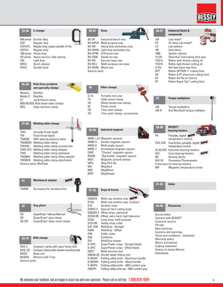 v1.800.828.1004
33-34
35-36
37-40
41
42
43-44
45-47
48
49-50
51-55
56-57
57
58-60
61-63
64-66
NEW
NOUVEAU
NEW
NOUVEAU
NEW
NOUVEAU
NEW
NOUVEAU
NEW
NOUVEAU
We welcome your feedback, and are happy to assist you with your questions. Please call us toll free:
C-clamps
540 series Ductile alloy
CDF Regular duty
CDFCHV Regularduty,copperspindle,Hi-Vis
CDFUS Regular duty
100 series Heavy duty
HS series Heavy service, fully closing
CM Light duty
QRCC Quick release
DHCC Double head
Hold down products
and specialty clamps
Model L RiteHite
Model S RiteHite
FC Jig & ﬁxture clamp
BSN,HD,BSG Hold down table clamps
MCL Claw machine clamp
Welding table clamps
TWV Variable throat depth
TW Fixed throat depth
TWM28 With special pressure plate
TW28GRS Welding table clamp
TWVAD Welding table clamp accessories
TWA-STC Welding table clamp adapter
TWX Welding table clamp extension
TW28AV Welding table clamp tilting adapter
TW28HO Welding table clamp attachment
Service parts, MorPads
Workbench adapter
TWAW Accessory for workbenches
Grip pliers
SG SuperGrips™ withproﬁledrail
SG SuperGrips™ pipe clamp
SG-DR SuperGrips™ deep reach clamp
BAS clamps
BAS-C Compact clamp with open ﬁxing hole
BAS-CB Compact clamp with closed mounting hole
BASO Base unit
BASKN Wrench with T-bar
Service parts
Vises
BV-DF Industrial bench vise
BV-MPV5 Multi-purpose vise
BV-HD Heavy duty workshop vises
BV-HW45 Light duty workshop vise
BV-DP40 Drill press vise
BV-C030 Clamp-on vise
BV-VB Vacuum base vise
BV-NVJ Multi-purpose vise jaws
BV-WV65 Wood vise
Service parts
Other clamps
S-10 Portable mini-vise
TK Table mount clamp
HS Wood handscrew clamps
KF Panel carrier
TB T-bar sash clamps
TB T-bar sash clamps accessories
Industrial magnets
WMS-1,3,5 Magnetic squares
WMS-4 Double magnetic square
WMS-6 Multi-angle square
WMS-7 Arrowhead magnetic square
CMS “Chunky” magnetic square
BDMS “Big Daddy” magnetic square
MGC Magnetic ground clamps
MPU Mag Pick-Up
MS MagStick
MW MagWand
MSP MagSweep
Snips & knives
D39ASS Multi-use aviation snip
D15A Multi-use aviation snip, compact
D16 Aviation snips
D29SS-2 Special hard cutting snips
D29ASS-2 Offset snips, optimized
D27AH-BE Offset, extra hard, high tolerance
D22A Long-nose, multi-purpose
D123-SB Safety strap cutter
D47, D48 MultiSnip - Straight
D48A MultiSnip - Offset
D49 Cable cutter
D50 Combinox
D51 MultiSnip master
D-SPS SuperPower snips - Straight blade
D-SPC SuperPower snips - Offset blade
DBST Multi-function tool
DBKAH-2B Double blade folding tool
D-BKAH Folding utility knife - Aluminum handle
D-BKWH Folding utility knife - Wood handle
D-BKPH Folding utility knife - ABS comfort grip
DBKPH Folding utility knife set - ABS comfort grip
Industrial ﬂuids &
compounds
LM Lab-metal®
HT Hi-Temp Lab-metal®
LS Lab-solvent
HB Heat block
1600 Spatter release
15-SK Stick-Kut™
lubricating stick wax
TCO14 Relton dark thread cutting oil
TCO16 Relton light thread cutting oil
G-RS Rel-Saw band saw ﬂuid
OPT Relton OPTION 1®
cutting ﬂuid
A9 Relton A-9®
aluminum cutting ﬂuid
AF Relton Air-Flo air tool oil
RT Relton Rapid Tap®
cutting ﬂuid
Torque multipliers
JM Torque multipliers
JM-R Anti-Backlash torque multiplier
BESSEY®
bearing heaters
PV Portable, digital
temperature control
PVH,SVH Fast Action, portable, digital
temperature control
SC,BC,BCS Induction bearing heaters
GCS Cone bearing heaters
RB Raising blocks
HH11B Pyrometer/Thermometer
Cross bars for bearing heaters
MP Magnetic temperature probe
Index
Resources
Social media
Connect with BESSEY®
Customer service
Fill rate
Best practices
Cautions and warnings
Terms and conditions - distributor
Warranty policy
Return procedures
Calprop statement
History of James Morton
Downloads
NEW
NEW
NEW
NEW
NEW
 