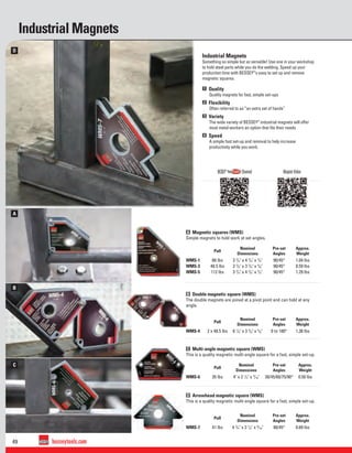 49 besseytools.com
A
B
C
D
Industrial Magnets
Industrial Magnets
Something so simple but so versatile! Use one in your workshop
to hold steel parts while you do the welding. Speed up your
production time with BESSEY®’
s easy to set up and remove
magnetic squares.
1 Quality
Quality magnets for fast, simple set-ups
2 Flexibility
Often referred to as “an extra set of hands”
3 Variety
The wide variety of BESSEY®
industrial magnets will offer
most metal workers an option that ﬁts their needs
4 Speed
A simple fast set-up and removal to help increase
productivity while you work.
BESSEY®
Channel Magnet Video
A Magnetic squares (WMS)
Simple magnets to hold work at set angles.
B Double magnetic square (WMS)
The double magnets are joined at a pivot point and can hold at any
angle.
C Multi-angle magnetic square (WMS)
This is a quality magnetic multi-angle square for a fast, simple set-up.
D Arrowhead magnetic square (WMS)
This is a quality magnetic multi-angle square for a fast, simple set-up.
Pull
Nominal
Dimensions
Pre-set
Angles
Approx.
Weight
WMS-1 66 lbs 3 3
/4" x 4 3
/8" x 3
/4" 90/45° 1.04 lbs
WMS-3 48.5 lbs 3 3
/8" x 3 3
/8" x 5
/8" 90/45° 0.59 lbs
WMS-5 112 lbs 3 3
/4" x 4 3
/8" x 3
/4" 90/45° 1.29 lbs
Pull
Nominal
Dimensions
Pre-set
Angles
Approx.
Weight
WMS-4 2 x 48.5 lbs 6 1
/8" x 3 3
/8" x 5
/8" 0 to 180° 1.38 lbs
Pull
Nominal
Dimensions
Pre-set
Angles
Approx.
Weight
WMS-6 35 lbs 4" x 2 1
/2" x 9
/16" 30/45/60/75/90° 0.50 lbs
Pull
Nominal
Dimensions
Pre-set
Angles
Approx.
Weight
WMS-7 41 lbs 4 3
/4" x 3 1
/4" x 9
/16" 90/45° 0.69 lbs
 