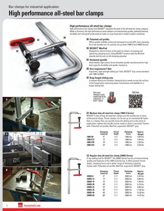 1 besseytools.com
A
A
B
A
A
B
1
2
3
4
5
B Regular duty all-steel bar clamp (2400S Series)
A top-selling tool for BESSEY®
; the 2400S Series has the uncompromising
quality and features of the 1800-S Series but, it offers greater throat
depth, clamping force and a wider range of clamping capacity.
Comes with: Patented rail proﬁle, MorPad, ergonomic BESSEY®
grip.
Bar clamps for industrial application
High performance all-steel bar clamps
Clamping
Capacity
Throat
Depth
Clamping
Force
Approx.
Weight
2400S-8 8" 5 1
⁄2" 2800 lbs 6.45 lbs
2400S-12 12" 5 1
⁄2" 2800 lbs 6.80 lbs
2400S-16 16" 5 1
⁄2" 2800 lbs 7.40 lbs
2400S-20 20" 5 1
⁄2" 2800 lbs 8.10 lbs
2400S-24 24" 5 1
⁄2" 2800 lbs 8.80 lbs
2400S-36 36" 5 1
⁄2" 2800 lbs 11.40 lbs
2400S-48 48" 5 1
⁄2" 2800 lbs 12.30 lbs
2400S-60 60" 5 1
⁄2" 2800 lbs 14.25 lbs
A Medium duty all-steel bar clamp (1800-S Series)
BESSEY®
’s fast acting all-steel bar clamps are the workhorse of many
professional shops. These clamps can be set up an estimated 9X faster
than a c-clamp. One can quickly move the sliding arm to the point of
application, tighten the handle and be ready to work in seconds! Comes
with: Patented rail proﬁle, MorPad, ergonomic BESSEY®
grip.
Clamping
Capacity
Throat
Depth
Clamping
Force
Approx.
Weight
1800-S8 8" 4 3
⁄4" 1980 lbs 4.00 lbs
1800-S12 12" 4 3
⁄4" 1980 lbs 4.40 lbs
1800-S18 18" 4 3
⁄4" 1980 lbs 5.30 lbs
1800-S24 24" 4 3
⁄4" 1980 lbs 6.30 lbs
High performance all-steel bar clamps
High performance bar clamps from BESSEY®
represent the peak of the all-steel bar clamp category.
Made in Germany, the high performance series delivers uncompromising quality, patented features,
durability and real-world productivity to make it a must-have tool in today’s modern workshop.
1 Patented rail proﬁle
Offers greater stability, enhanced clamping force and 20% more clamping
force per spindle turn, for quicker set-up times (1800-S and 2400S Series).
2 BESSEY®
MorPad
Designed to reduce friction at the point of contact, increasing and
optimizing clamping force. Using BESSEY®
product with the MorPad
extends tool life and, at full clamping potential.
3 Hardened spindle
Heat-treated, high carbon Acme threaded spindle manufactured for high
load capacity, durability and spatter resistance.
4 Size engineered T-Bar
Ergonomic, high-strength sliding pin T-Bar. BESSEY®
Grip comes standard
with 1800-S/2400S.
5 Drop forged sliding arm
U-shaped sliding arm transfers clamping force evenly across the surface
of the forged piece improving power transmission and stability for a
longer lasting tool.
2400SVideoBall-in-socket
technologyforgreatly
extendedclamplifeand,
atfullpressure...by
BESSEY®
.Patented.
 