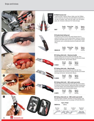 55 besseytools.com
A
B
C
D
F
E
Snips and knives
A Multi-function tool
1 multi tool with 7 options: Shears, blade, saw, ﬁle, Philllips
head screwdriver and large and small slotted screwdriver. It
can also cut leather, rope, vinyl, thin cable, cord, thin plastic,
paper, etc. Includes a belt pouch for handy storage.
Handle
Length
Cutting Edge
Length
Total
Length
Approx.
Weight
DBST 4" 2 1
/8" 7" 0.66 lbs
B Double blade folding tool
It needs just a short push on the metal release lever to
unlock the knife so it can be safely folded. Features a folding
stainless steel blade with serrated cut, a quick blade change
mechanism, and a comfortable aluminum handle with rubber
inlays.
F Folding utility knife set - ABS comfort grip handle
Includes 4 types of blades: standard, scoring, linoleum, and
hook (rug). Convenient case for storage, 23
/8"Hx63
/4"Wx43
/8"D
C Folding utility knife – Aluminum handle
Includes folding and locking blade with belt-clip. Uses
standard blades that are easy to change with the quick blade
exchange mechanism. Spring blade release.
D Folding utility knife – Wood handle
Includes folding and locking blade with belt-clip. Uses
standard blades that are easy to change with the quick blade
exchange mechanism. Spring blade release.
E Folding utility knife – ABS comfort grip handle
Includes folding and locking blade with belt-clip; thumb cushion
for maximum contact pressure; replacement blade compartment
and 5 extra blades. Uses standard blades. Features quick blade
exchange mechanism and spring blade release.
Handle
Length
Cutting Edge
Length
Blade
Length
Approx.
Weight
DBKAH-2B 3 3
/4" 3" 1" 0.33 lbs
Overall
Length
Blade
Length
Approx.
Weight
D-BKAH 6 1
/4" 2 1
/4" 0.29 lbs
Overall
Length
Blade
Length
Approx.
Weight
D-BKWH 6 1
/4" 2 1
/4" 0.39 lbs
Overall
Length
Blade
Length
Approx.
Weight
D-BKPH 6 1
/4" 2 1
/4" 0.32 lbs
Approx. Weight
DBKPH Set 0.96 lbs
Scoring
2 pcs
Hook
5 pcs
Linoleum
2 pcs
Standard
10 pcs
 
