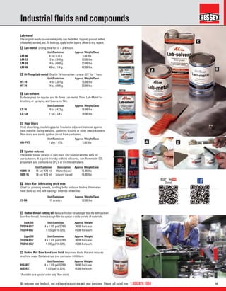 561.800.828.1004
A
A
C
B
D
We welcome your feedback, and are happy to assist you with your questions. Please call us toll free:
Industrial ﬂuids and compounds
Unit/Container Approx. Weight/Case
LM-06 6 oz / 170 g 6.00 lbs
LM-12 12 oz / 340 g 13.00 lbs
LM-24 24 oz / 680 g 23.00 lbs
LM-48 48 oz / 1.4 g 42.00 lbs
Unit/Container Approx. Weight/Case
HT-14 14 oz / 397 g 15.00 lbs
HT-24 24 oz / 680 g 23.00 lbs
Unit/Container Approx. Weight/Case
LS-16 16 oz / 473 g 16.00 lbs
LS-128 1 gal / 3.8 L 19.00 lbs
Unit/Container Approx. Weight/Case
15-SK 15 oz stick 12.00 lbs
Unit/Container Approx. Weight/Case
HB-PNT 1 pint / .47 L 5.00 lbs
Lab-metal
The original ready-to-use metal putty can be drilled, tapped, ground, milled,
chisselled, sanded, etc. To build up, apply in thin layers, allow to dry, repeat.
A Lab-metal Drying time for 1
⁄8" = 3-4 hours.
B Hi-Temp Lab-metal Dry for 24 hours then cure at 425° for 1 hour.
C Lab-solvent
Surface-prep for regular and Hi-Temp Lab-metal. Thins Lab-Metal for
brushing or spraying and leaves no ﬁlm.
F Stick-Kut™
lubricating stick wax
Used for grinding wheels, sanding belts and saw blades. Eliminates
heat build up and belt loading - extends wheel life.
D Heat block
Heat absorbing, insulating paste. Insulates adjacent material against
heat transfer during welding, soldering brazing or other heat treatment.
Non-toxic and easily applied direct from container.
E Spatter release
The water based version is non-toxic and biodegradable, safe for
use outdoors. It is paint friendly with no silicones, non-ﬂammable CO2
propellant and contains no CFC’s or trichloroethylene.
Unit/Container Description Approx. Weight/Case
16300-16 16 oz / 473 ml Water based 16.00 lbs
1620-16 16 oz / 473 ml Solvent based 19.00 lbs
BESSEY®
Channel
Dark Oil Unit/Container Approx. Weight
TCO14-01G1
4 x 1 US gal/3.785L 36.00 lbs/case
TCO14-05G1
5 US gal/18.925L 45.00 lbs/each
Light Oil Unit/Container Approx. Weight
TCO16-01G1
4 x 1 US gal/3.785L 36.00 lbs/case
TCO16-05G1
5 US gal/18.925L 45.00 lbs/each
Unit/Container Approx. Weight
01G-RS1
4 x 1 US gal/3.785L 38.00 lbs/case
05G-RS1
5 US gal/18.925L 45.00 lbs/each
G Relton thread cutting oil Reduce friction for a longer tool life with a clean
burr-free thread. Forms a tough ﬁlm for use on a wide variety of materials.
H Relton Rel-Saw band saw ﬂuid Improves blade life and reduces
machine wear. Contains rust and corrosion inhibitors.
1
Available as a special order only, Non-stock.
 