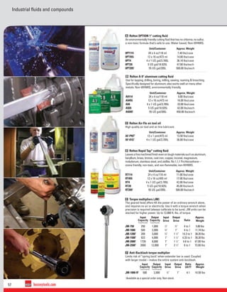 57 besseytools.com
Industrial fluids and compounds
Unit/Container Approx. Weight
0PT114 24 x 4 oz/118 ml 7.40 lbs/case
0PT455 12 x 16 oz/473 ml 14.80 lbs/case
0PT4 4 x 1 US gal/3.785L 36.10 lbs/case
0PT20 5 US gal/18.925L 47.00 lbs/each
0PT2051
55 US gal/205L 500.00 lbs/each
A Relton OPTION 1®
cutting ﬂuid
An environmentally friendly cutting ﬂuid that has no chlorine, no sulfur,
a non-toxic formula that’s safe to use. Water based; Non-WHMIS.
Unit/Container Approx. Weight
AF-PNT1
12 x 1 pint/473 ml 13.50 lbs/case
AF-01G1
4 x 1 US gal/3.785L 36.00 lbs/case
C Relton Air-Flo air tool oil
High quality air tool and air line lubricant.
Unit/Container Approx. Weight
RT114 24 x 4 oz/118 ml 11.00 lbs/case
RT455 12 x 16 oz/455 ml 17.00 lbs/case
RT4 4 x 1 US gal/3.785L 42.00 lbs/case
RT20 5 US gal/18.925L 45.00 lbs/each
RT2051
55 US gal/205L 500.00 lbs/each
D Relton Rapid Tap®
cutting ﬂuid
Leavesaﬁnemachinedﬁnishevenontoughmaterialssuchasaluminum,
beryllium, brass, bronze, cast iron, copper, inconel, magnesium,
molydenum, stainless steel, and stellite. No 1,1,1 Trichloroethane –
ozone friendly, non-toxic, and non-ﬂammable; non-WHMIS.
1
Available as a special order only, Non-stock.
Unit/Container Approx. Weight
A9114 24 x 4 oz/118 ml 9.00 lbs/case
A9455 12 x 16 oz/473 ml 16.00 lbs/case
A94 4 x 1 US gal/3.785L 33.00 lbs/case
A920 5 US gal/18.925L 42.00 lbs/each
A92051
55 US gal/205L 450.00 lbs/each
B Relton A-9®
aluminum cutting ﬂuid
Use for tapping, drilling, boring, milling, sawing, reaming & broaching.
Speciﬁcally designed for aluminum; also works well on many other
metals. Non-WHMIS, environmentally friendly.
E Torque multipliers (JM)
The geared head offers 4X the power of an ordinary wrench alone,
and requires no air or electricity. Use it with a torque wrench when
precision is required (always calibrate to be sure). JM units can be
stacked for higher power. Up to 12,000 ft. lbs. of torque.
F Anti-Backlash torque multiplier
Limits risk of “spring back" when extender bar is used. Coupled
with larger model – makes the entire system anti-backlash.
Input
Capacity
Foot/Pounds
Output
Capacity
Foot/Pounds
Input
Drive
Output
Drive Ratio
Approx.
Weight
JM-750 250 1,000 1
⁄2" 3
⁄4" 4 to 1 5.88 lbs
JM-1000 500 2,000 3
⁄4" 1" 4 to 1 11.74 lbs
JM-12001
209 3,000 3
⁄4" 1 1
⁄2" 14.3 to 1 28.20 lbs
JM-15001
923 4,000 1" 1 1
⁄2" 4.33 to 1 28.20 lbs
JM-20001
1739 8,000 1" 1 1
⁄2" 4.6 to 1 47.00 lbs
JM-25001
2000 12,000 1" 2 1
⁄2" 6 to 1 73.00 lbs
Input
Capacity
Foot/Pounds
Output
Capacity
Foot/Pounds
Input
Drive
Output
Drive
Ratio
LB:FT
Approx.
Weight
JM-1000-R1
500 2,000 3
⁄4" 1" 4:1 14.50 lbs
 