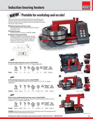 581.800.828.1004
B
NEW
NOUVEAU
NEW
NOUVEAU
NEW
NOUVEAU
NEW
NOUVEAU
B
A
A
B
C
D
A
B
C
D
A
B
C
D
C
We welcome your feedback, and are happy to assist you with your questions. Please call us toll free:
Induction bearing heaters
Induction bearing heaters extend bearing life and cut operating cost by
eliminating hammering and pounding to cold-mount bearings. Works on
bearings, sprockets, gears, couplings and sleeves. Demagnitizes bearings –
easy to use, ready in minutes.
1 Digital temperature and time control
All portable models feature a digital time/temperature display
and magnetic probe.
2 High performance
Fast heating with lower energy use! 120V/15A. 50/60Hz.
3 Vertical or Horizontal heating
PVH3813 and SVH5223 can be heated either vertically
or horizontally. When in horizontal position, the heating
time is 3 to 4 times faster! For example, a 100 lb. unit
would heat in under 7 minutes versus more than 25
minutes in the vertical position.
A Portable digital temperature control, certiﬁed PV2412
Includes cross bars standard: 1
⁄4",3
⁄8",9
⁄16",13
⁄16",19
⁄16". Approx.weight:47lbs.
B Portable digital temperature control, certiﬁed PVH3813
Vertical or horizontal heating. Includes cross bars standard: 1
⁄4",3
⁄8",9
⁄16",13
⁄16",19
⁄16". Approx.
weight:51lbs.
C Fast action, portable digital temperature control, certiﬁed SVH5223
Features swivel arm for faster change ups. Vertical or horizontal heating. Includes cross bars
standard: 9
⁄16", 1 3
⁄16", 2 3
⁄8".Approx.weight:112lbs.
Portableforworkshopandonsite!
Max.
weight
± lb
bearings
Min.
ID
Ø
Max.
OD
Ø
Max.
width
Max.
horizontal
heating
width
Cross
section
poles
Pole
height
Temperature
control
max reach
Time
control
max reach
PV2412 44 lbs 3
⁄8" 9 1
⁄2" 4 3
⁄4" – 1 5
⁄8" 5" 302ºF 0-30 min.
Max.
weight
± lb
bearings
Min.
ID
Ø
Max.
OD
Ø
Max.
width
Max.
horizontal
heating
width
Cross
section
poles
Pole
height
Temperature
control
max reach
Time
control
max reach
PVH3813 110 lbs 3
⁄8"/Ø3 7
⁄8" 15" 5 1
⁄4" 5 1
⁄4" 1 5
⁄8"/Ø 3 3
⁄4" 6 1
⁄2" 464ºF 0-45 min.
Max.
weight
± lb
bearings
Min.
ID
Ø
Max.
OD
Ø
Max.
width
Max.
horizontal
heating
width
Cross
section
poles
Pole
height
Temperature
control
max reach
Time
control
max reach
SVH5223 330 lbs 5
⁄8"/Ø4 3
⁄4" 20 1
⁄2" 7 7
⁄8" 9" 2 3
⁄8"/Ø4 1
⁄2" 9" 464ºF 0-45 min.
WARNING:DoNOToperateaninductionheaterifyouwearaheartpace-maker.Thestrongmagneticﬁeld
emittedbytheheatermayaffectoperationofsuchdevices.
NEW
NEW
NEW
NEW
*Bearings not included
*Bearings not included
*Bearings not included
*Bearings not included
 
