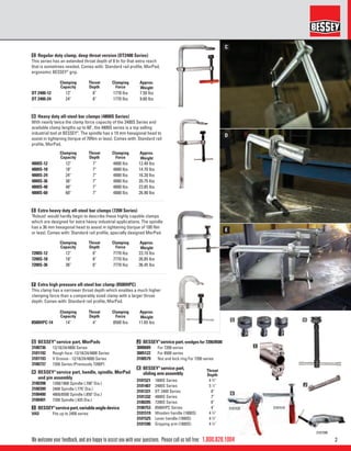 21.800.828.1004
31015193101525
3101590
C
D
E
G
K
I
H
J
We welcome your feedback, and are happy to assist you with your questions. Please call us toll free:
Clamping
Capacity
Throat
Depth
Clamping
Force
Approx.
Weight
DT 2400-12 12" 8" 1770 lbs 7.50 lbs
DT 2400-24 24" 8" 1770 lbs 9.60 lbs
Clamping
Capacity
Throat
Depth
Clamping
Force
Approx.
Weight
4800S-12 12" 7" 4880 lbs 12.40 lbs
4800S-18 18" 7" 4880 lbs 14.70 lbs
4800S-24 24" 7" 4880 lbs 16.20 lbs
4800S-36 36" 7" 4880 lbs 20.75 lbs
4800S-48 48" 7" 4880 lbs 23.85 lbs
4800S-60 60" 7" 4880 lbs 26.90 lbs
Clamping
Capacity
Throat
Depth
Clamping
Force
Approx.
Weight
7200S-12 12" 8" 7770 lbs 23.10 lbs
7200S-18 18" 8" 7770 lbs 26.85 lbs
7200S-36 36" 8" 7770 lbs 36.45 lbs
Clamping
Capacity
Throat
Depth
Clamping
Force
Approx.
Weight
8500HPC-14 14" 4" 8500 lbs 11.65 lbs
F Extra high pressure all-steel bar clamp (8500HPC)
This clamp has a narrower throat depth which enables a much higher
clamping force than a comparably sized clamp with a larger throat
depth. Comes with: Standard rail proﬁle, MorPad.
E Extra heavy duty all-steel bar clamps (7200 Series)
‘Robust’ would hardly begin to describe these highly capable clamps
which are designed for extra heavy industrial applications. The spindle
has a 36 mm hexagonal head to assist in tightening (torque of 100 Nm
or less). Comes with: Standard rail proﬁle, specially designed MorPad.
D Heavy duty all-steel bar clamps (4800S Series)
With nearly twice the clamp force capacity of the 2400S Series and
available clamp lengths up to 60", the 4800S series is a top selling
industrial tool at BESSEY®
. The spindle has a 19 mm hexagonal head to
assist in tightening (torque of 70Nm or less). Comes with: Standard rail
proﬁle, MorPad.
C Regular duty clamp, deep throat version (DT2400 Series)
This series has an extended throat depth of 8 In for that extra reach
that is sometimes needed. Comes with: Standard rail proﬁle, MorPad,
ergonomic BESSEY®
grip.
G BESSEY®
service part, MorPads
3100736 12/18/24/4800 Series
3101192 Rough face -12/18/24/4800 Series
3101193 V Groove - 12/18/24/4800 Series
3100737 7200 Series (Previously 7200P)
H BESSEY®
service part, handle, spindle, MorPad
and pin assembly
3100398 1200/1800 Spindle (.700" Dia.)
3100399 2400 Spindle (.775" Dia.)
3100400 4800/8500 Spindle (.850" Dia.)
3100401 7200 Spindle (.925 Dia.)
I BESSEY®
servicepart,variableangledevice
VAD Fits up to 2400 series
J BESSEY®
service part, wedges for 7200/8500
3000689 For 7200 series
3005122 For 8500 series
3100579 Nut and lock ring For 7200 series
K BESSEY®
service part,
sliding arm assembly
3101521 1800S Series 4 3
⁄4"
3101407 2400S Series 5 1
⁄2"
3101331 DT 2400 Series 8"
3101332 4800S Series 7"
3100205 7200S Series 8"
3100753 8500HPC Series 4"
3101519 Wooden handle (1800S) 4 3
⁄4"
3101525 Lever handle (1800S) 4 3
⁄4"
3101590 Gripping arm (1800S) 4 3
⁄4"
Throat
Depth
 