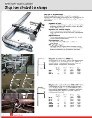 3 besseytools.com
A
A
B
1
2
3
4
5
Bar clamps for industrial application
Shop ﬂoor all-steel bar clamps
Shop ﬂoor all-steel bar clamps
Made in Germany, the Shop Floor series of clamps offers a unique value
proposition to the professional. Its mid-range pricing offers the highest quality and
value but, does not come with all the enhanced features of the High-Performance
product offering.
A Light duty all-steel bar clamp (MMS Series)
Sometimes the right tool has nothing to do with size. The MMS clamps
are easy to use, quick to adjust and offer great value. At 400 lbs of
clamping force they offer a high level of performance. Comes with
standard rail proﬁle, standard crimped on swivel pads.
B Light to medium duty all-steel bar clamp (660-S and 1200-S Series)
Premium features and value make this series of clamps ever more
popular. The 660-S and 1200-S are unique in the BESSEY®
Shop Floor
series in that they have the upgraded rail proﬁle and force optimized
sliding arm like the 2400 & 1800 Series. Comes with: Patented rail
proﬁle, replaceable swivel pads.
1 Patented rail proﬁle
The patented rail proﬁle offers greater stability, enhanced clamping force
and 20% more clamping force per spindle turn, for quicker set-up times
(for 660 & 1200 Series models).
2 Standard pads and heavy duty pads
The standard swivel pads and heavy duty pads are tried-and-true
contact surfaces for use with your Shop Floor clamps. Field replaceable
(see Page 4).
3 Hardened spindle
The heat-treated, high carbon Acme threaded spindle offers high load
capacity, durability and spatter resistance.
4 Size engineered T-Bar
The high-strength sliding pin T-Bar is sized according to the
clamp’s capability.
5 Drop forged sliding arm
The u-shaped sliding arm transfers clamping force evenly across the
surface of the forged piece. This improves power transmission, stability
and results in a longer lasting tool (for 660 and 1200 series models).
Clamping
Capacity
Throat
Depth
Clamping
Force
Approx.
Weight
MMS-4 4" 2 1
⁄4" 400 lbs 0.60 lbs
MMS-8 8" 2 1
⁄4" 400 lbs 0.75 lbs
MMS-12 12" 2 1
⁄4" 400 lbs 0.85 lbs
Clamping
Capacity
Throat
Depth
Clamping
Force
Approx.
Weight
660-S8 8" 4" 726 lbs 2.05 lbs
660-S12 12" 4" 726 lbs 2.35 lbs
660-S18 18" 4" 726 lbs 2.90 lbs
1200-S8 8" 5 1
⁄2" 1320 lbs 3.75 lbs
1200-S12 12" 5 1
⁄2" 1320 lbs 4.20 lbs
1200-S18 18" 4 3
⁄4" 1320 lbs 4.85 lbs
1200-S24 24" 4 3
⁄4" 1320 lbs 5.30 lbs
 