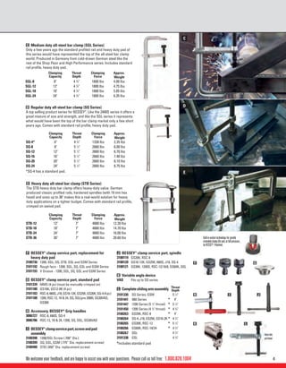 41.800.828.1004
C
D
E
K
H
F
I
L
J
G
We welcome your feedback, and are happy to assist you with your questions. Please call us toll free:
Ball-in-sockettechnologyforgreatly
extendedclamplifeand,atfullpressure...
byBESSEY®
.Patented.
C Medium duty all-steel bar clamp (SGL Series)
Only a few years ago the standard proﬁled rail and heavy duty pad of
this series would have represented the top of the all-steel bar clamp
world. Produced in Germany from cold-drawn German steel like the
rest of the Shop Floor and High Performance series. Includes standard
rail proﬁle, heavy duty pad.
D Regular duty all-steel bar clamp (SQ Series)
A top selling product series for BESSEY®
. Like the 2400S series it offers a
great mixture of size and strength, and like the SGL series it represents
what would have been the top of the bar clamp market only a few short
years ago. Comes with standard rail proﬁle, heavy duty pad.
E Heavy duty all-steel bar clamp (STB Series)
The STB heavy duty bar clamp offers heavy-duty value. German
produced classic proﬁled rails, hardened spindles (with 19 mm hex
head) and sizes up to 36" makes this a real-world solution for heavy
duty applications on a tighter budget. Comes with standard rail proﬁle,
crimped on swivel pad.
Clamping
Capacity
Throat
Depth
Clamping
Force
Approx.
Weight
SGL-8 8" 4 3
⁄4" 1800 lbs 4.00 lbs
SGL-12 12" 4 3
⁄4" 1800 lbs 4.75 lbs
SGL-18 18" 4 3
⁄4" 1800 lbs 5.85 lbs
SGL-24 24" 4 3
⁄4" 1800 lbs 6.35 lbs
Clamping
Capacity
Throat
Depth
Clamping
Force
Approx.
Weight
SQ-4* 6" 4 3
⁄4" 1330 lbs 2.35 lbs
SQ-8 8" 5 1
⁄2" 2660 lbs 6.00 lbs
SQ-12 12" 5 1
⁄2" 2660 lbs 6.70 lbs
SQ-16 16" 5 1
⁄2" 2660 lbs 7.40 lbs
SQ-20 20" 5 1
⁄2" 2660 lbs 8.10 lbs
SQ-24 24" 5 1
⁄2" 2660 lbs 8.75 lbs
Clamping
Capacity
Throat
Depth
Clamping
Force
Approx.
Weight
STB-12 12" 7" 4880 lbs 12.20 lbs
STB-18 18" 7" 4880 lbs 14.70 lbs
STB-24 24" 7" 4880 lbs 16.00 lbs
STB-36 36" 7" 4880 lbs 20.60 lbs
*SQ-4 has a standard pad.
F BESSEY®
clamp service part, replacement for
heavy duty pad
3100736 1200, SGL, SQ, STB, GSL and GSM Series
3101192 Rough face - 1200, SGL, SQ, GSL and GSM Series
3101193 V Groove - 1200, SGL, SQ, GSL and GSM Series
G BESSEY®
clamp service part, standard pad
3101339 MMS (4 pc) (must be manually crimped on)
3101180 GS16K, GS12-8K (4 pc)
3101183 RSC-8,660S,J18,GS16-12K,GS25K,GS20K,SQ-4(4pc)
3101188 1200, RSC-12, 18 & 24, SQ, SGL(pre 2008), SG30VAD,
GS30K
H Accessory, BESSEY®
Grip handles
3006727 RSC-8, 660S, SQ-4
3006786 RSC-12, 18 & 24, 1200, SQ, SGL, SG30VAD
I BESSEY®
clampservicepart,screwandpad
assembly
3100398 1200/SGL Screw (.700” Dia.)
3100399 SQ, GSL, GSM (.775” Dia. replacement screw)
3100400 STB (.850” Dia. replacement screw)
J BESSEY®
clamp service part, spindle
3100119 GS20K, RSC-8
3100120 GS16-12K, GS25K, 660S, J18, SQ-4
3100121 GS30K, 1200S, RSC-12/18/8, GS60K, SGL
K Variable angle device
VAD Fits up to SQ series
L Completeslidingarmassembly Throat
Depth
3101330 SQ Series, GSM 5 1
⁄2"
3101441 660 Series * 4"
3101447 1200 Series (5 1
⁄2" throat) * 5 1
⁄2"
3101450 1200 Series (4 3
⁄4" throat) * 4 3
⁄4"
3100263 GS20K, RSC-8 * 4"
3100264 SQ-4, J18, GS25K, GS16-2K * 4 3
⁄4"
3100265 GS30K, RSC-12 * 5 1
⁄2"
3100266 GS60K, RSC-18/24 * 4 3
⁄4"
3100267 SGL 4 3
⁄4"
3101338 GSL 4 3
⁄4"
*includes standard pad
Heavyduty
padshown
 