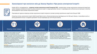 Законопроєкт про внесення змін до Закону України «Про ринок електричної енергії»
Оператор системи передачі Оператор системи розподілу Оператор системи накопичення енергії
Побутові споживачі
(малі непобутові споживачі)
Оператор системи передачі має право
здійснювати експлуатацію системи
накопичення енергії загальною потужністю до
250 МВт у випадках, коли такі пропозиція таких
послуг відсутня на ринку та виключно з метою
надання послуг з диспетчеризації, зокрема для
забезпечення операційної безпеки,
забезпечення балансування та інших заходів,
спрямованих на виконання вимог цілісності
системи передачі.
Не використовуються для купівлі або продажу
електроенергії на ринку електричної енергії
Оператору системи розподілу дозволяється без
погодження з Регулятором використовувати
системи накопичення енергії загальною
потужністю до 20 МВт та лише з метою надання
послуг з розподілу електричної енергії, зокрема
для забезпечення операційної безпеки системи
розподілу чи інших заходів, спрямованих на
виконання вимог цілісності системи розподілу.
Не використовуються для купівлі або продажу
електроенергії на ринку електричної енергії;
Оператору системи накопичення енергії
дозволяється без погодження з Регулятором
використовувати системи накопичення енергії
загальною потужністю до 5 МВт. Використання
системи накопичення енергії загальною
потужністю більше 5 МВт вимагає ліцензування.
Оператор системи накопичення енергії продає
електричну енергію на ринку електричної
енергії та надає допоміжні послуги
Побутові споживачі (малі непобутові споживачі)
електричної енергії мають право на
встановлення у своєму приватному
домогосподарстві (господарстві) системи
накопичення енергії, потужність якої
обмежується величиною, дозволеною до
споживання за договором про приєднання.
Мають право: продавати надлишки
електричної енергії, що виробляється на
власних електроустановках та / або
утримується, зберігається в системах
накопичення
Новий суб’єкт господарювання – оператор системи накопичення енергії (оператор СНЕ) – використовує систему накопичення електричної енергії для
купівлі-продажу електричної енергії на ринку електричної енергії, та надає допоміжні послуги і є відповідальним за безпечну експлуатацію та технічне
обслуговування такої системи накопичення енергії
Ліцензуванню підлягає оператор системи накопичення енергії потужність системи (систем) накопичення енергії якого більше 5 МВт
Оператор системи накопичення енергії зобов‘язаний брати участь у балансуючому ринку відповідно до статті 68 цього Закону, а також брати участь у
ринку допоміжних послуг та надавати допоміжні послуги відповідно до статті 69 цього Закону
 