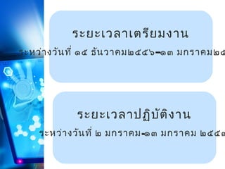 ระยะเวลาเตรีย มงาน

ระหว่า งวัน ที่ ๑๕ ธัน วาคม๒๕๕๖ –๑๓ มกราคม๒๕

ระยะเวลาปฏิบ ัต ิง าน

ระหว่า งวัน ที่ ๒ มกราคม-๑๓ มกราคม ๒๕๕๗

 