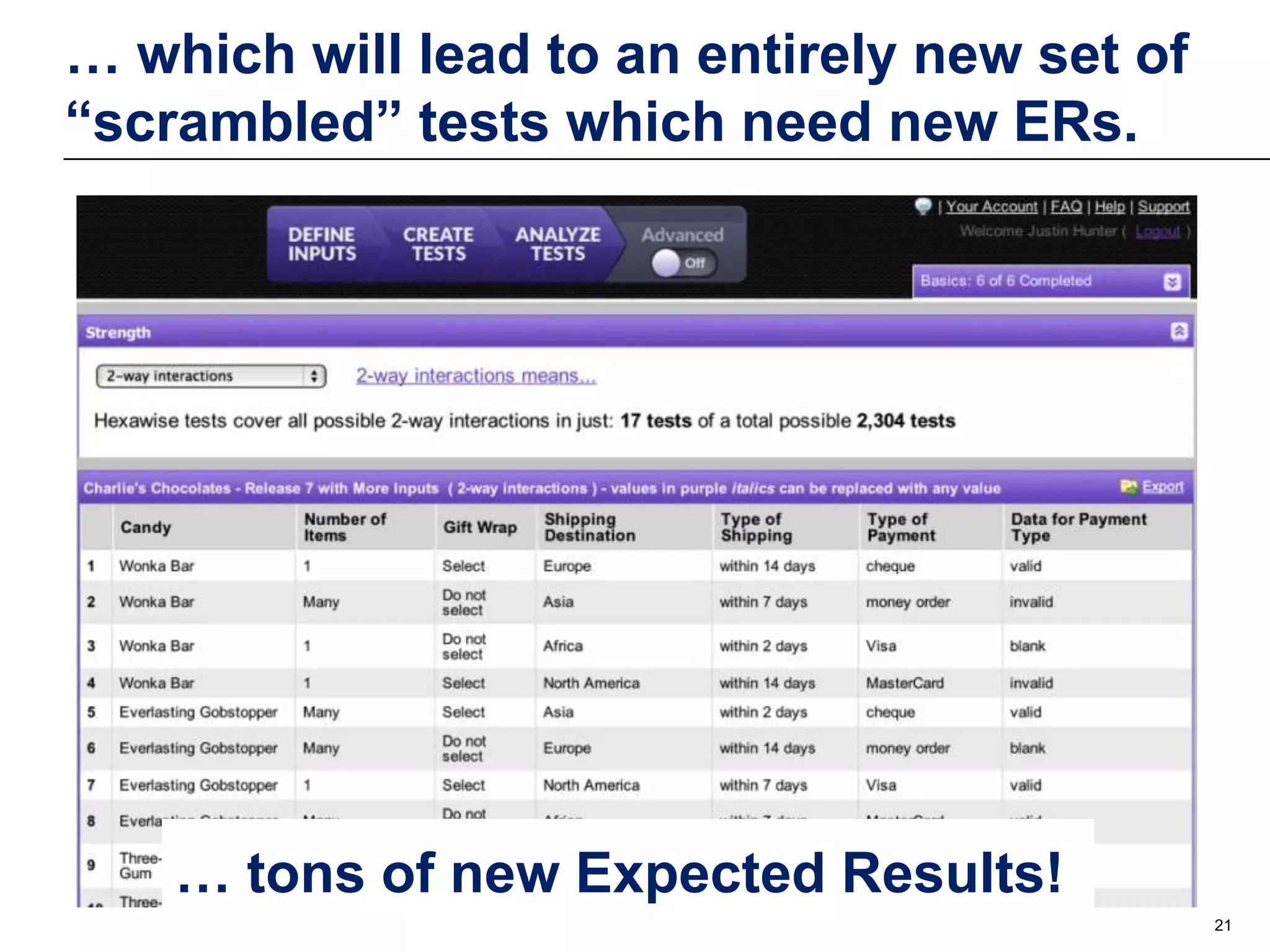 … which will lead to an entirely new set of
“scrambled” tests which need new ERs.

… tons of new Expected Results!
21

 