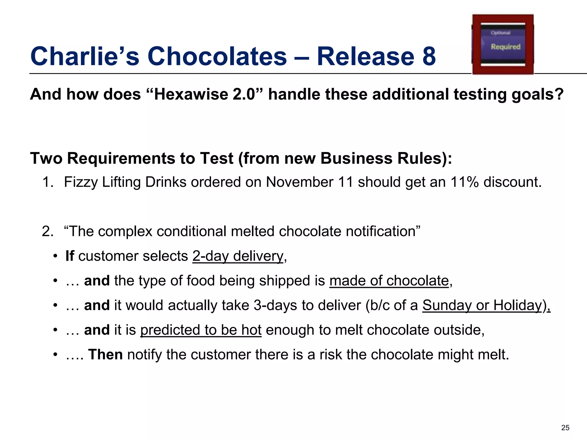 Charlie’s Chocolates – Release 8
And how does “Hexawise 2.0” handle these additional testing goals?

Two Requirements to Test (from new Business Rules):
1. Fizzy Lifting Drinks ordered on November 11 should get an 11% discount.

2. “The complex conditional melted chocolate notification”
• If customer selects 2-day delivery,
• … and the type of food being shipped is made of chocolate,
• … and it would actually take 3-days to deliver (b/c of a Sunday or Holiday),

• … and it is predicted to be hot enough to melt chocolate outside,
• …. Then notify the customer there is a risk the chocolate might melt.

25

 