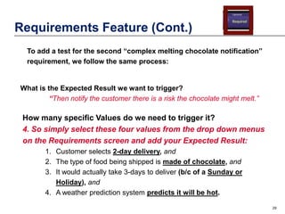Requirements Feature (Cont.)
To add a test for the second “complex melting chocolate notification”
requirement, we follow the same process:

What is the Expected Result we want to trigger?
“Then notify the customer there is a risk the chocolate might melt.”

How many specific Values do we need to trigger it?
4. So simply select these four values from the drop down menus
on the Requirements screen and add your Expected Result:
1. Customer selects 2-day delivery, and
2. The type of food being shipped is made of chocolate, and
3. It would actually take 3-days to deliver (b/c of a Sunday or
Holiday), and
4. A weather prediction system predicts it will be hot.
29

 