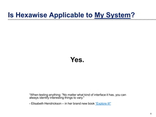 Is Hexawise Applicable to My System?

Yes.

“When testing anything: "No matter what kind of interface it has, you can
always identify interesting things to vary."
- Elisabeth Hendrickson – in her brand new book “Explore It!”

9

 