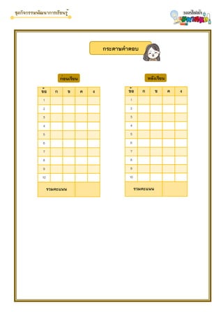 ก่อนเรียน
ข้อ ก ข ค ง
1
2
3
4
5
6
7
8
9
10
รวมคะแนน
กระดาษคำตอบ
หลังเรียน
ข้อ ก ข ค ง
1
2
3
4
5
6
7
8
9
10
รวมคะแนน
 