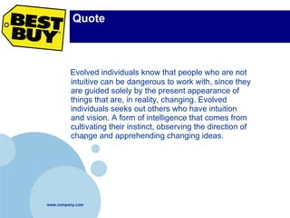 Quote Evolved individuals know that people who are not intuitive can be dangerous to work with, since they are guided solely by the present appearance of things that are, in reality, changing. Evolved individuals seeks out others who have intuition and vision. A form of intelligence that comes from cultivating their instinct, observing the direction of change and apprehending changing ideas.