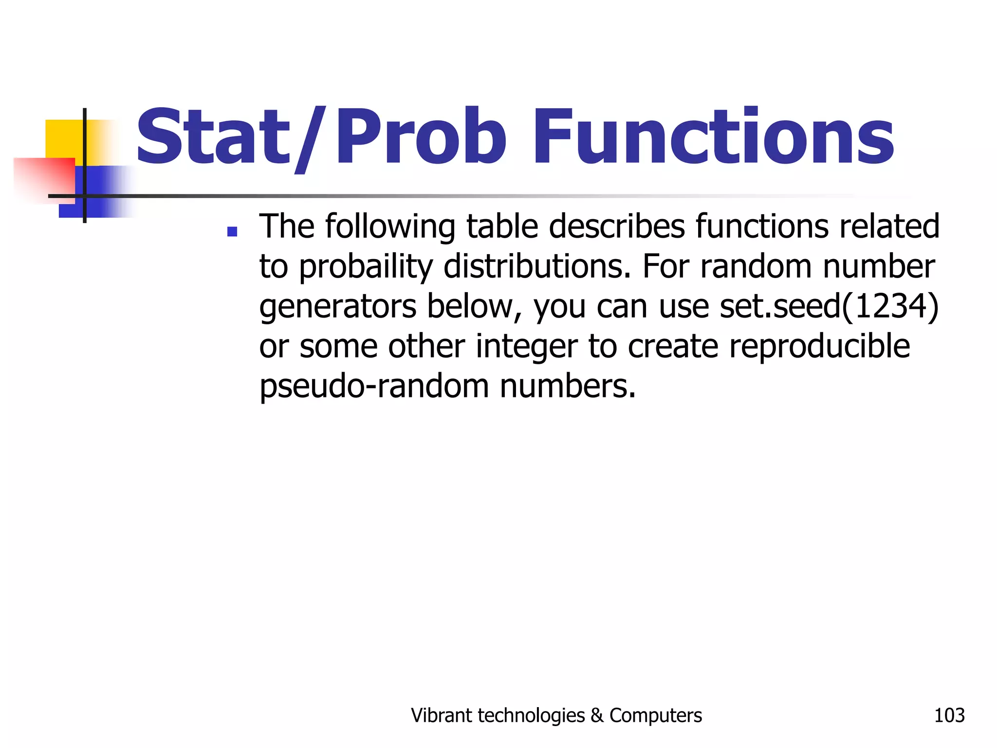 Vibrant technologies & Computers 103
Stat/Prob Functions
 The following table describes functions related
to probaility distributions. For random number
generators below, you can use set.seed(1234)
or some other integer to create reproducible
pseudo-random numbers.
 