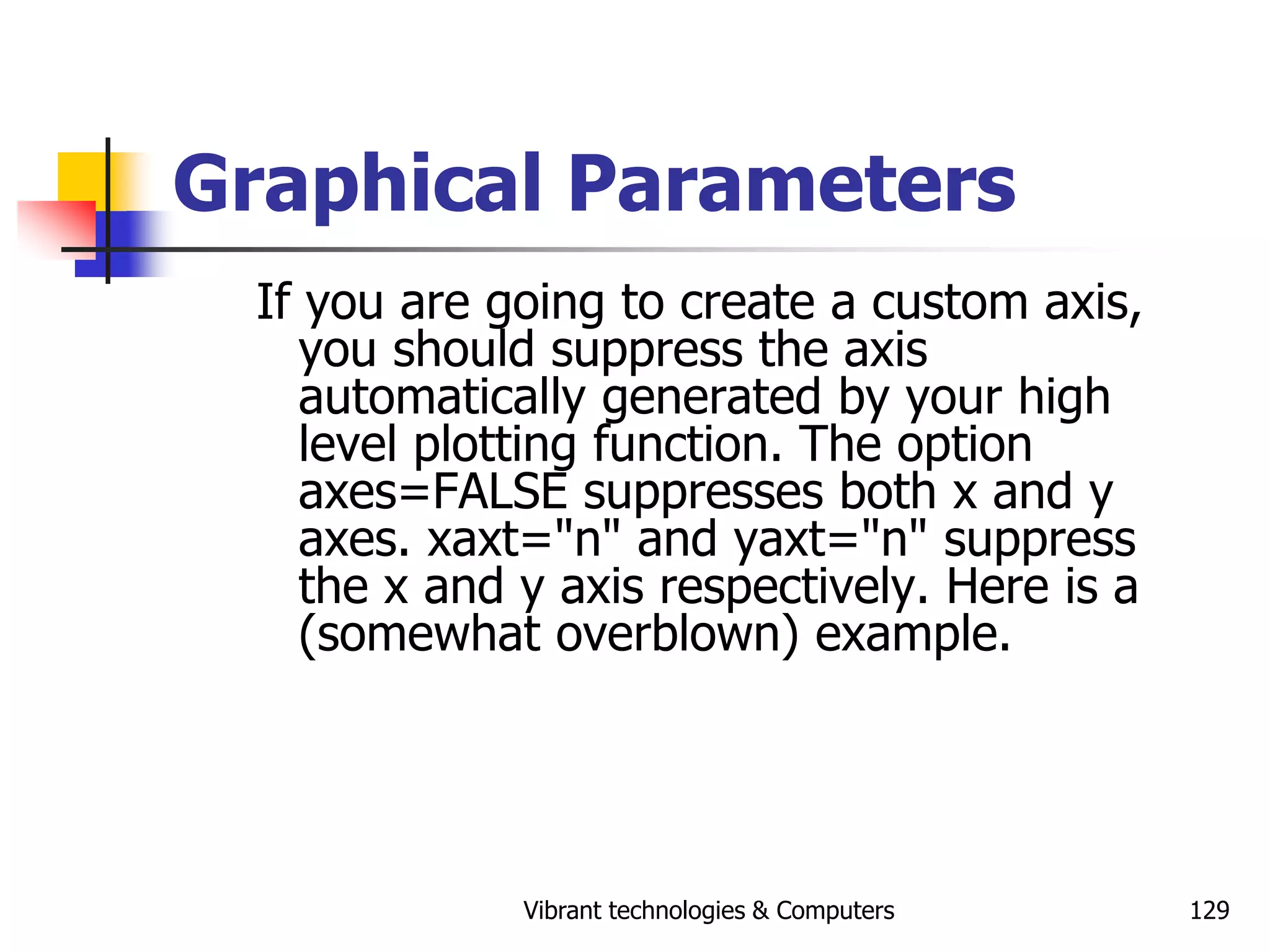 Vibrant technologies & Computers 129
Graphical Parameters
If you are going to create a custom axis,
you should suppress the axis
automatically generated by your high
level plotting function. The option
axes=FALSE suppresses both x and y
axes. xaxt="n" and yaxt="n" suppress
the x and y axis respectively. Here is a
(somewhat overblown) example.
 