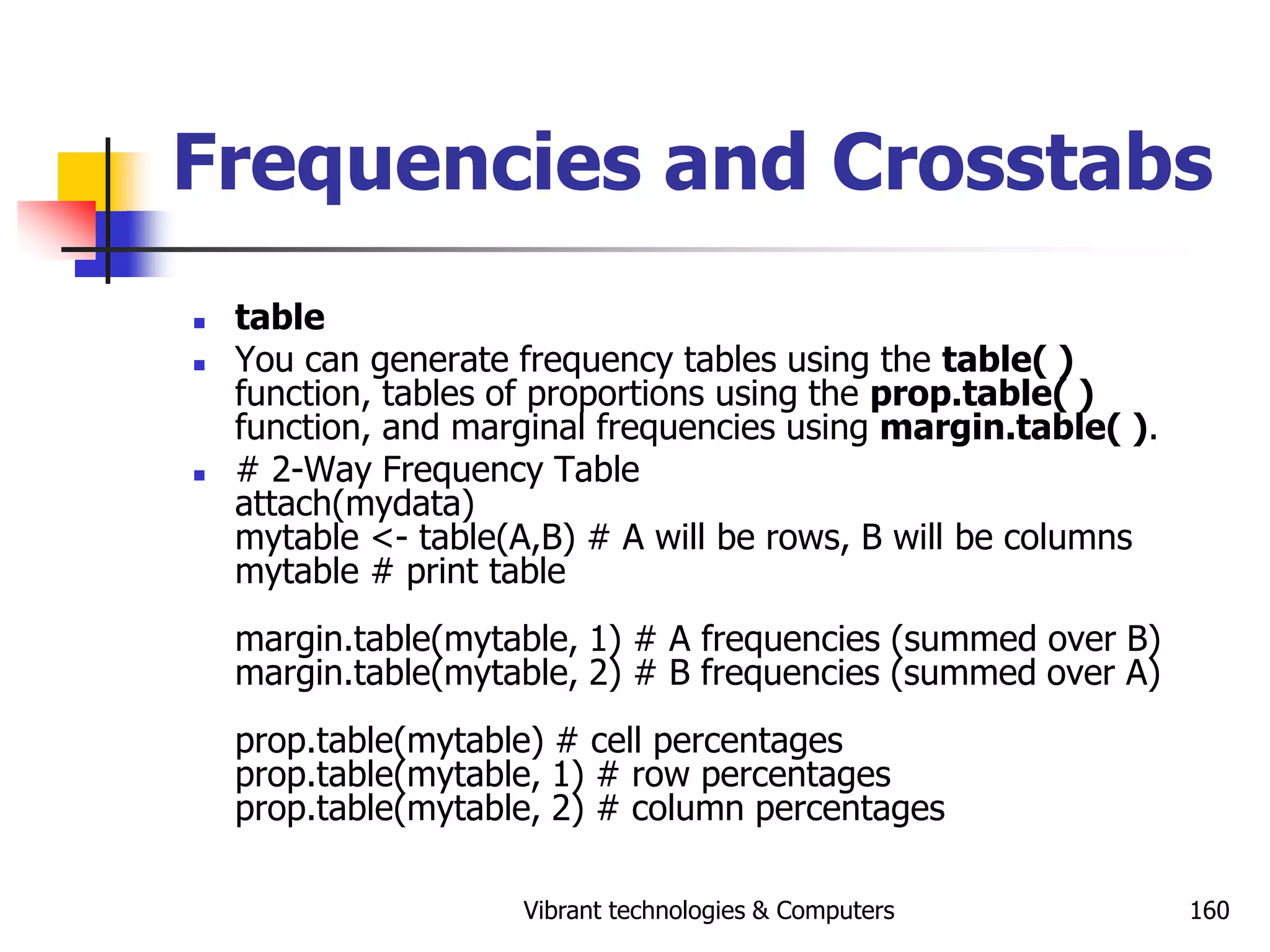 Vibrant technologies & Computers 160
Frequencies and Crosstabs
 table
 You can generate frequency tables using the table( )
function, tables of proportions using the prop.table( )
function, and marginal frequencies using margin.table( ).
 # 2-Way Frequency Table
attach(mydata)
mytable <- table(A,B) # A will be rows, B will be columns
mytable # print table
margin.table(mytable, 1) # A frequencies (summed over B)
margin.table(mytable, 2) # B frequencies (summed over A)
prop.table(mytable) # cell percentages
prop.table(mytable, 1) # row percentages
prop.table(mytable, 2) # column percentages
 