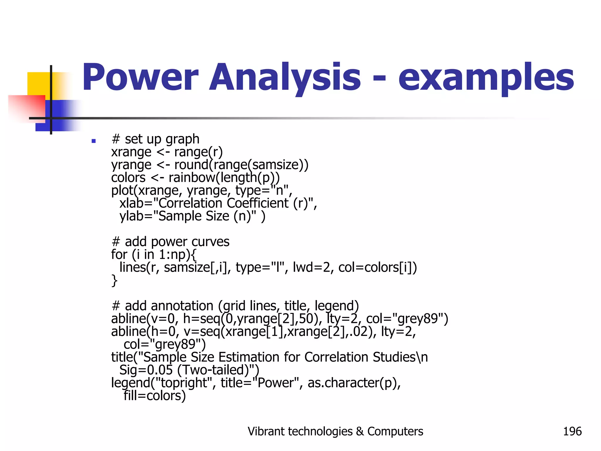 Vibrant technologies & Computers 196
Power Analysis - examples
 # set up graph
xrange <- range(r)
yrange <- round(range(samsize))
colors <- rainbow(length(p))
plot(xrange, yrange, type="n",
xlab="Correlation Coefficient (r)",
ylab="Sample Size (n)" )
# add power curves
for (i in 1:np){
lines(r, samsize[,i], type="l", lwd=2, col=colors[i])
}
# add annotation (grid lines, title, legend)
abline(v=0, h=seq(0,yrange[2],50), lty=2, col="grey89")
abline(h=0, v=seq(xrange[1],xrange[2],.02), lty=2,
col="grey89")
title("Sample Size Estimation for Correlation Studiesn
Sig=0.05 (Two-tailed)")
legend("topright", title="Power", as.character(p),
fill=colors)
 