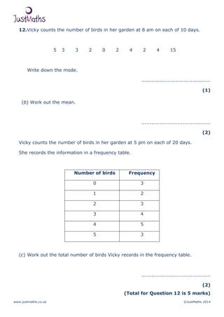 www.justmaths.co.uk ©JustMaths 2014
12.Vicky counts the number of birds in her garden at 8 am on each of 10 days.
5 3 3 2 0 2 4 2 4 15
Write down the mode.
..........................................
(1)
(b) Work out the mean.
..........................................
(2)
Vicky counts the number of birds in her garden at 5 pm on each of 20 days.
She records the information in a frequency table.
Number of birds Frequency
0 3
1 2
2 3
3 4
4 5
5 3
(c) Work out the total number of birds Vicky records in the frequency table.
..........................................
(2)
(Total for Question 12 is 5 marks)
 