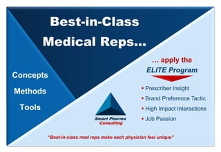 Smart Pharma Consulting
Best-in-Class
Medical Reps…
Smart Pharma
Consulting
Concepts
Methods
Tools
 Prescriber Insight
 Brand Preference Tactic
 High Impact Interactions
 Job Passion
… apply the
ELITE Program
“Best-in-class med reps make each physician feel unique”
 