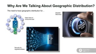 3
Why Are We Talking About Geographic Distribution?
The need to have geographic distribution for…
Disaster
Recovery
Data c...