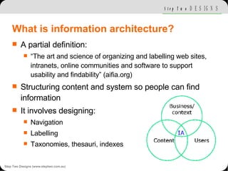 What is information architecture? <ul><li>A partial definition: </li></ul><ul><ul><li>“ The art and science of organizing ...